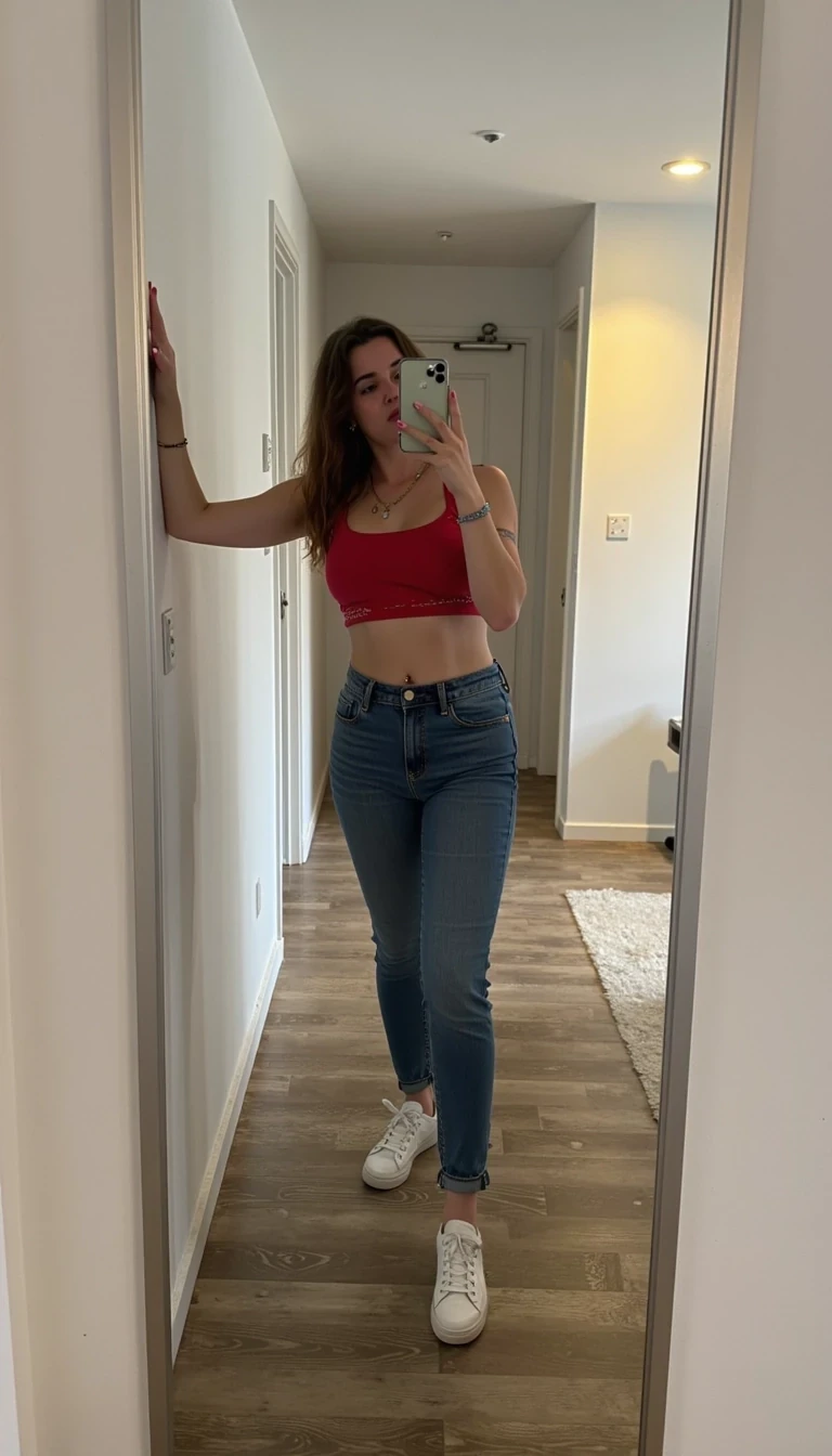 macht ein foto cstmdl vor einem spiegel in jeans und einem top