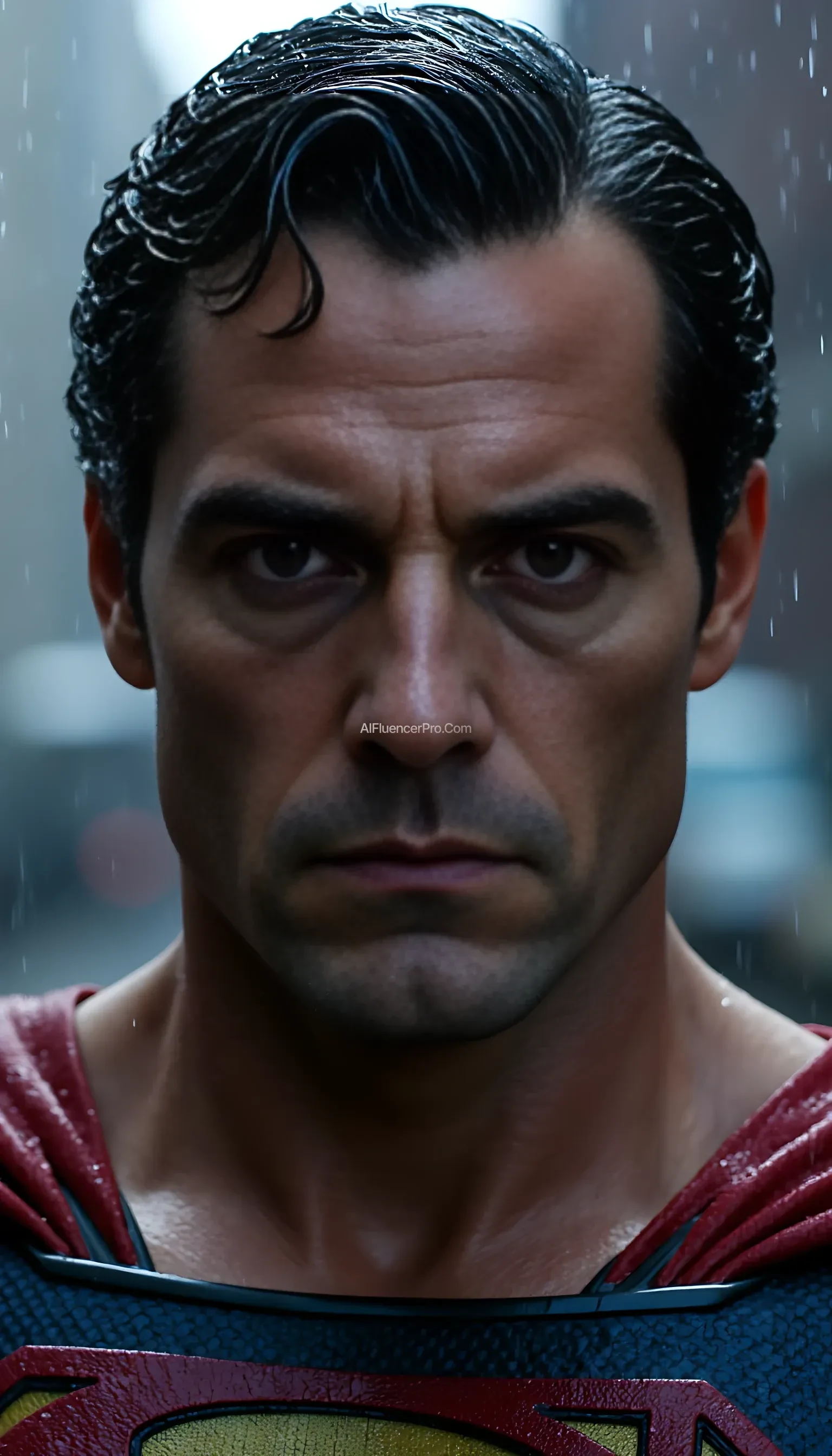 A close-up of Superman’s face under heavy rain, showcasing highly detailed and ultra-realistic facial features. His wet hair slightly sticks to his forehead, with raindrops streaming down his cheeks. His expression is serious and resolute, with every pore, skin texture, and facial line captured in stunning detail. His eyes gaze intensely forward, radiating heroic determination. The blurred background suggests a gloomy cityscape drenched in rain. Cinematic visual quality, with extreme focus on facial details, including soft light reflecting off his wet skin, creating a dramatic and epic atmosphere.