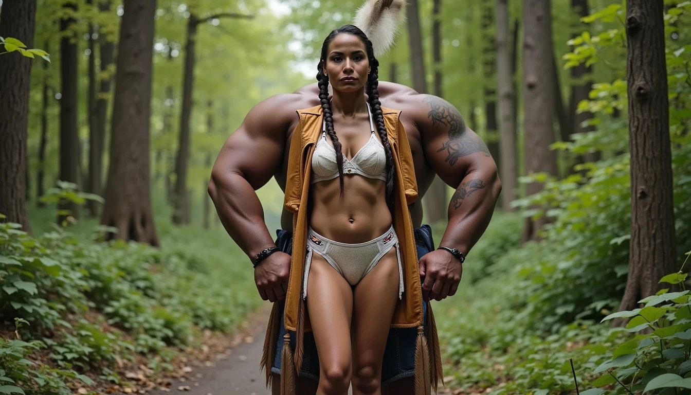 photo of woman CSTMDL, a medium shot photo of, a slim woman, her full body is in the scene, she has a slender petite build with petite small boobs and a flat chest, she has small dark skin nipples with long pointy nipple ducts and small dark skinned areolas, her hair is styled with two long braids she has eagle plumes in her hair, she is not wearing earrings, she is wearing daisy duke denim booty shorts, she is wearing a native American style vest in a golden yellow color over top of her underwear, she is holding her vest open exposing her strapless bra, her bra is a strapless white lace bra, she is wearing white lace panties, she is wearing ankle height smoked hide moccasins, natural lighting, natural light, amateur photography, shot on an iPhone, she is standing with her legs spread wide apart in a densely wooded forest, she is maintaining intense eye contact with the camera, there is a giant native American fat man twice her height standing up directly behind her holding onto the woman's waist, the man is holding her up suspended in the air in front of him, the man is a real giant, public setting, Hyper realism, ultra-sharp focus, highly detailed, natural lighting, natural light, amateur photography,