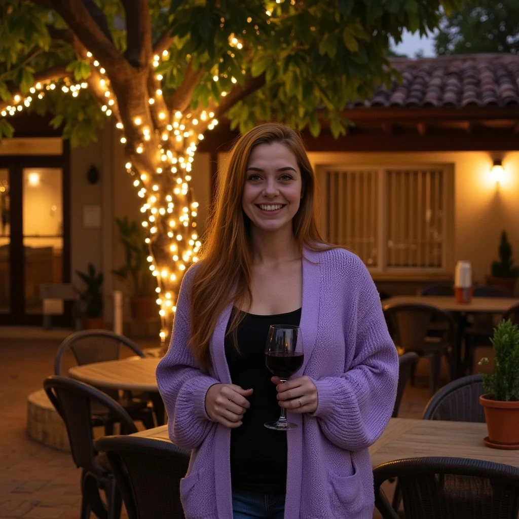A full body shot photo of a woman standing outdoors at a cozy, warmly lit patio in the evening, with soft, glowing lights wrapped around a tree behind them creating a charming atmosphere. The image is rich in detail, with warm tones and clear textures throughout. The woman has fair skin, a slim build, and long reddish-blonde hair, also worn loose. She is smiling warmly at the camera, holding a glass of red wine in her right hand, and wears a soft-textured lavender cardigan over a black top. The background features a large tree with sparkling string lights wrapped around its trunk and branches, adding a magical touch to the scene. The setting suggests a private outdoor seating area, with elements like terracotta-tiled roofing, greenery, and rattan chairs contributing to a serene, inviting vibe. The overall composition is balanced, with the woman framed against the softly glowing tree, and the lighting enhances the warm, intimate feel of a quiet evening shared among friends. The details are vivid, with textures of clothing, skin, and background elements clearly visible, while the warm lighting creates a relaxed and joyful mood