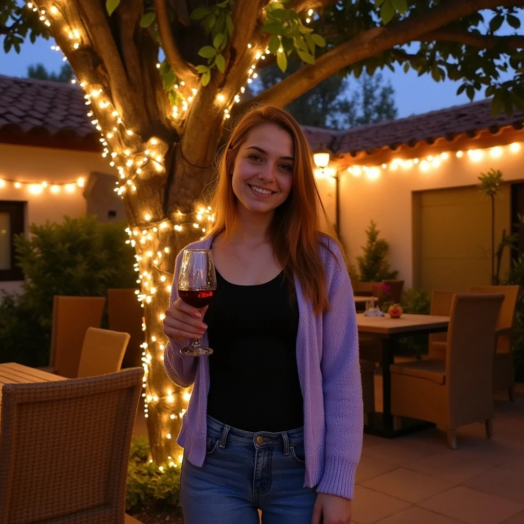 A full body shot photo of a woman standing outdoors at a cozy, warmly lit patio in the evening, with soft, glowing lights wrapped around a tree behind them creating a charming atmosphere. The image is rich in detail, with warm tones and clear textures throughout. The woman has fair skin, a slim build, and long reddish-blonde hair, also worn loose. She is smiling warmly at the camera, holding a glass of red wine in her right hand, and wears a soft-textured lavender cardigan over a black top. The background features a large tree with sparkling string lights wrapped around its trunk and branches, adding a magical touch to the scene. The setting suggests a private outdoor seating area, with elements like terracotta-tiled roofing, greenery, and rattan chairs contributing to a serene, inviting vibe. The overall composition is balanced, with the woman framed against the softly glowing tree, and the lighting enhances the warm, intimate feel of a quiet evening shared among friends. The details are vivid, with textures of clothing, skin, and background elements clearly visible, while the warm lighting creates a relaxed and joyful mood
