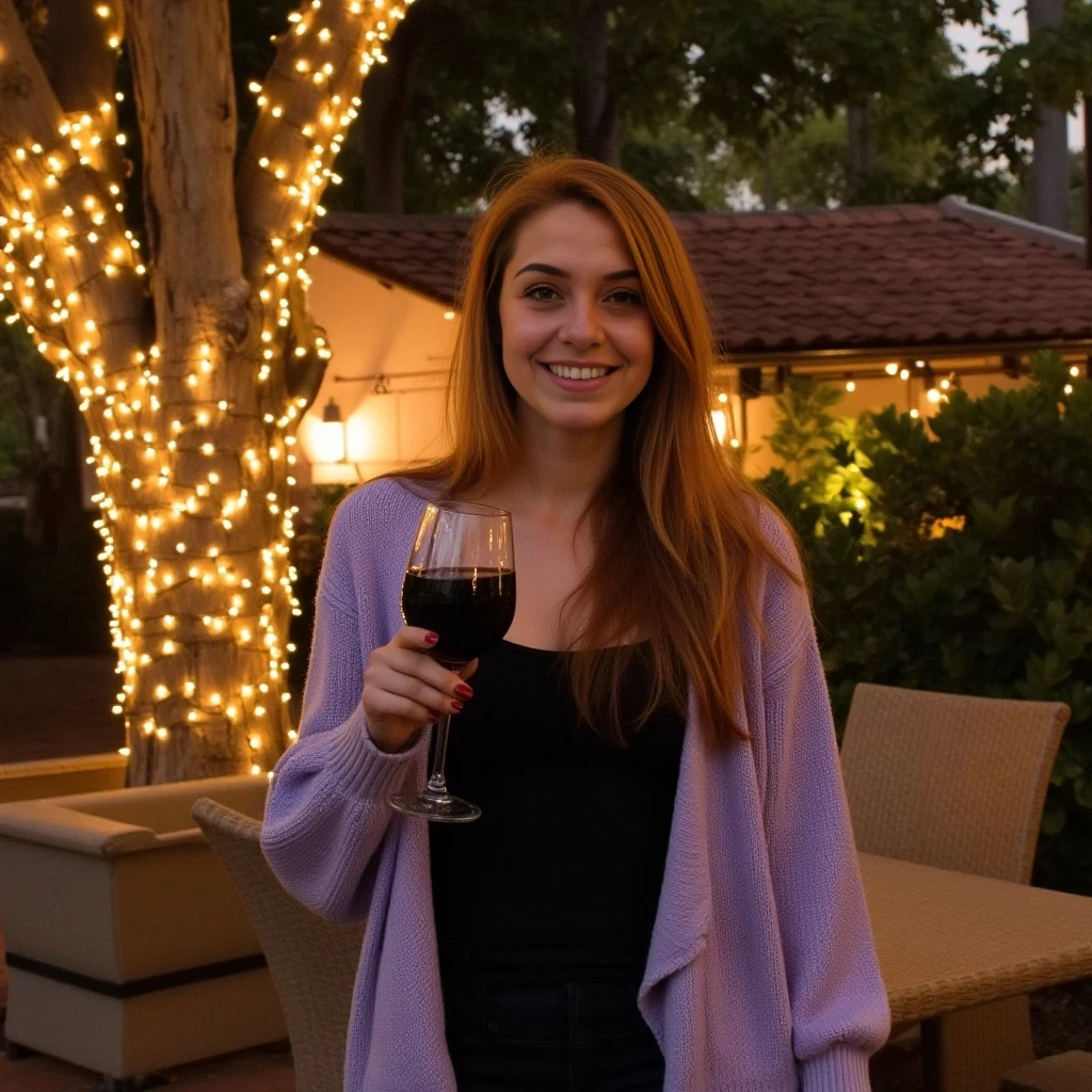 A full body shot photo of a woman standing outdoors at a cozy, warmly lit patio in the evening, with soft, glowing lights wrapped around a tree behind them creating a charming atmosphere. The image is rich in detail, with warm tones and clear textures throughout. The woman has fair skin, a slim build, and long reddish-blonde hair, also worn loose. She is smiling warmly at the camera, holding a glass of red wine in her right hand, and wears a soft-textured lavender cardigan over a black top. The background features a large tree with sparkling string lights wrapped around its trunk and branches, adding a magical touch to the scene. The setting suggests a private outdoor seating area, with elements like terracotta-tiled roofing, greenery, and rattan chairs contributing to a serene, inviting vibe. The overall composition is balanced, with the woman framed against the softly glowing tree, and the lighting enhances the warm, intimate feel of a quiet evening shared among friends. The details are vivid, with textures of clothing, skin, and background elements clearly visible, while the warm lighting creates a relaxed and joyful mood