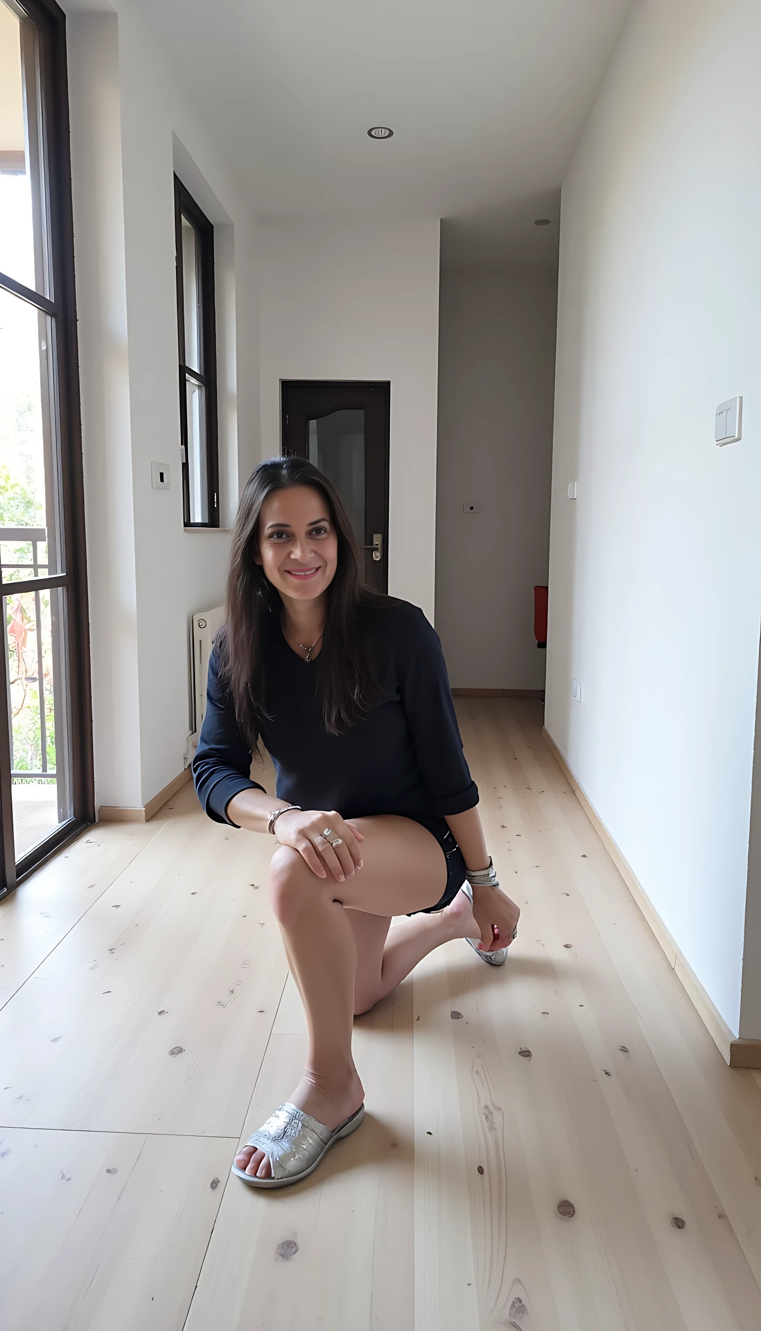 photo of woman CSTMDL, Indoor portrait of a woman kneeling, long hair, black shirt and shorts, silver metallic shoes, modern hallway, soft natural light.