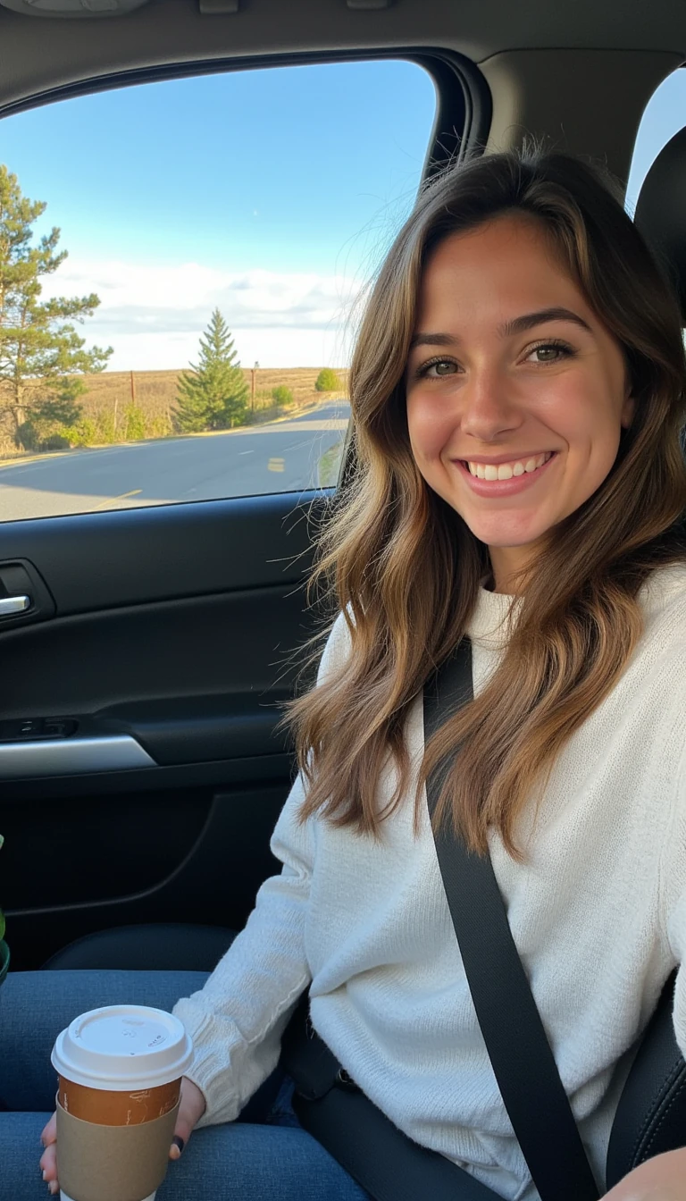 boring low quality snapchat photo circa 2015, A young woman with a warm smile, sitting in the driver's seat of a cozy car. She has soft, wavy brown hair cascading past her shoulders. The sunlight streams through the window, casting a gentle glow on her face. The interior of the car is neat and comfortable, with a coffee cup in the cup holder and a small plant on the dashboard. The background outside the window shows a scenic road lined with trees and blue skies