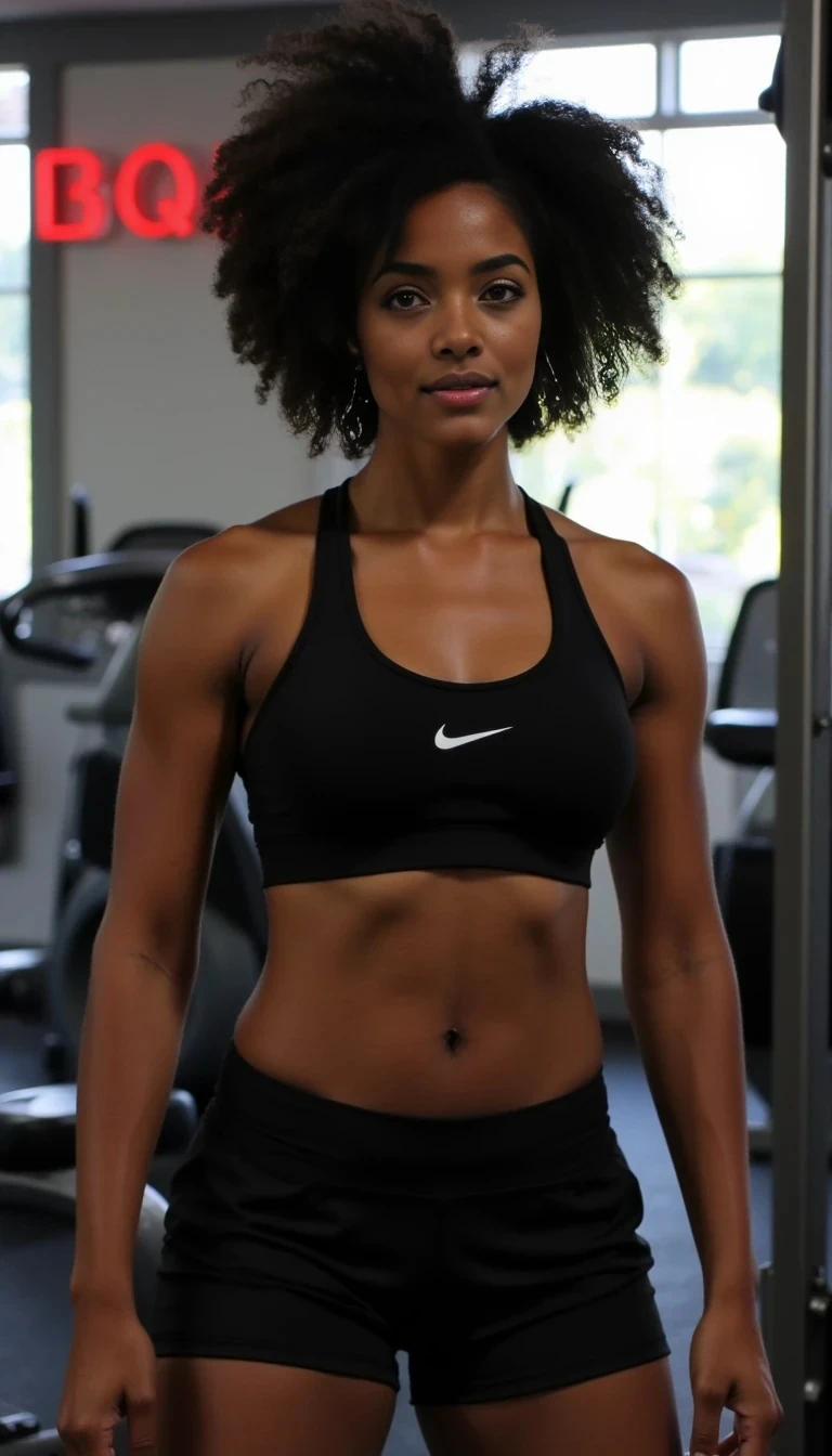 black Woman in gym wearing Nike Sports Bra and shorts. 