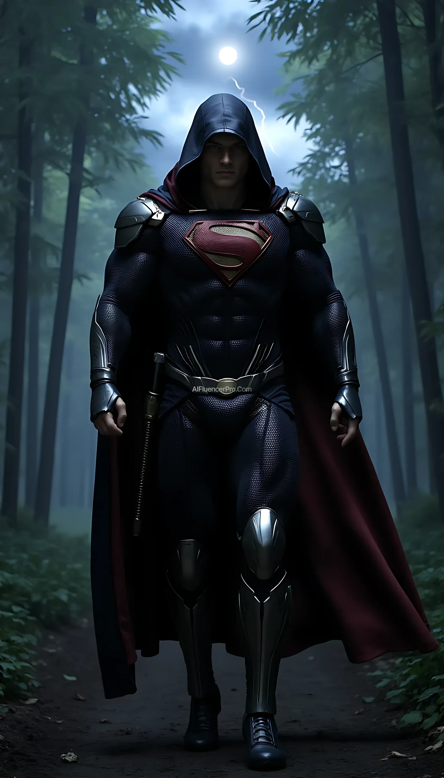 A photorealistic Superman wearing a modified ninja-inspired suit, walking with purpose while pulling back the hood of his traditional ninja cloak. The suit is sleek and metallic, blending robotic elements with armor plating. As he walks, the hood is slowly drawn back, revealing Superman's determined expression. The iconic 'S' symbol on his chest gleams with power. His katana hangs at his side, ready for action. The scene takes place in a misty bamboo forest at night, where moonlight filters through the dense foliage, casting sharp contrasts of light and shadow. A distant thunderstorm flashes faint lightning on the horizon, enhancing the cinematic atmosphere. Superman walks confidently, his cloak billowing behind him as he readies himself for the coming challenge