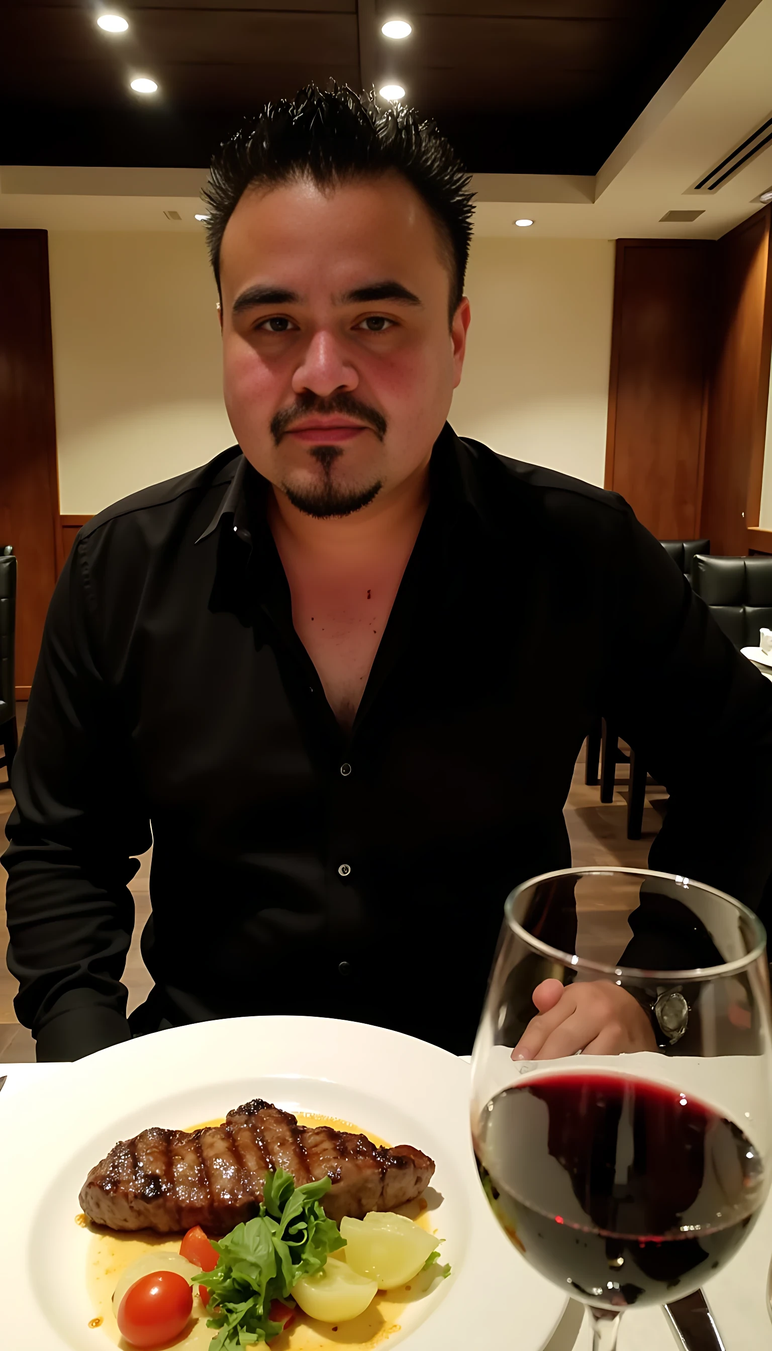 Man average body wearing a  black dress shirt seating on a table of fancy restaurants with low lights  with a plate of steak and vegetables  and a glass of wine 