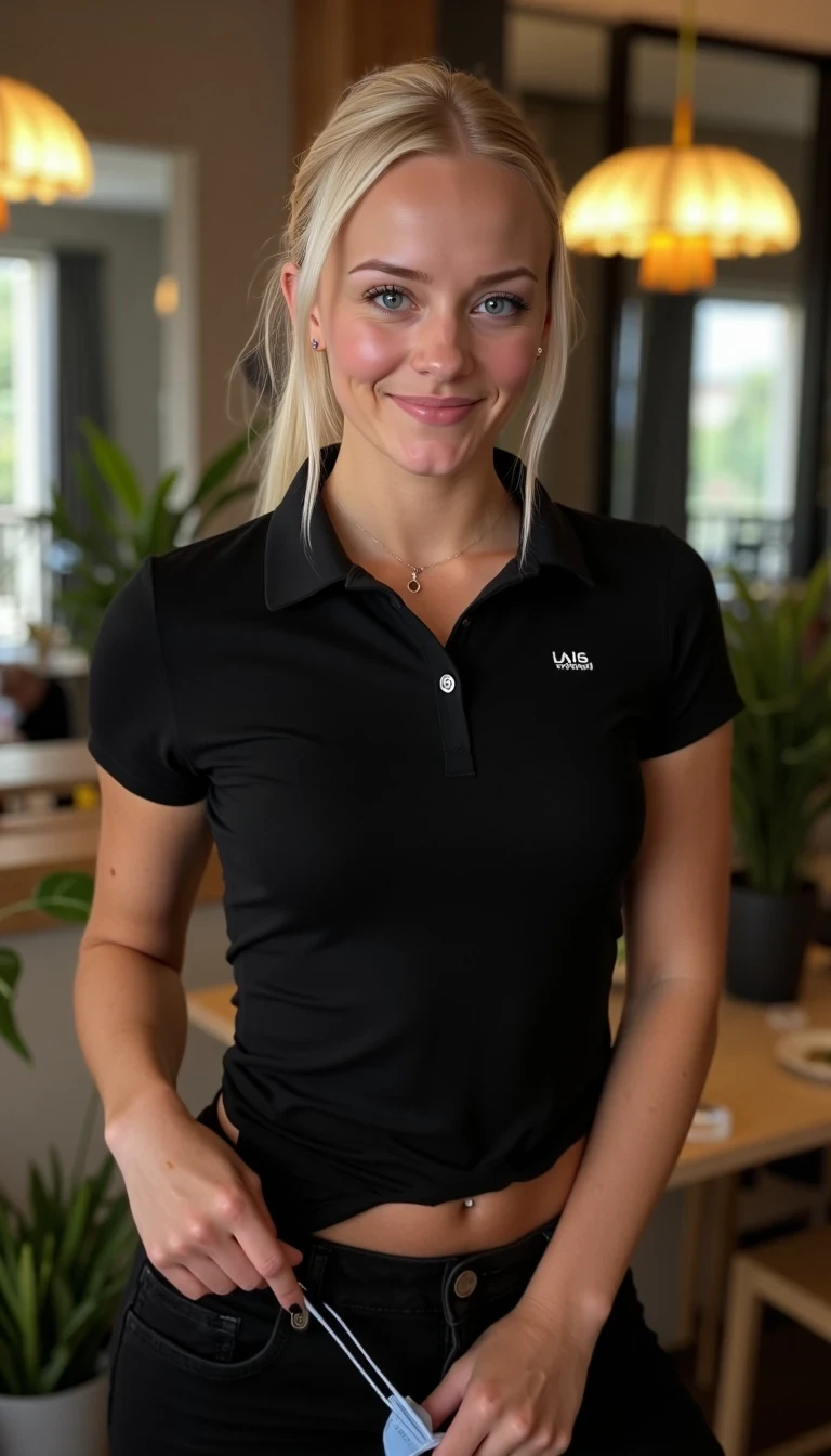 CSTMDL, Hailey, A photorealistic portrait of a young woman in her early 20s with fair porcelain skin, smooth complexion, subtle natural makeup with soft pink lips and light eyeliner, straight blonde hair tied back in a neat ponytail, bright blue eyes sparkling with warmth, friendly genuine smile revealing straight white teeth, confident and approachable demeanor, gazing directly at the viewer with engaging eye contact; she is wearing a fitted black short-sleeved polo shirt, tucked into slim black pants, no visible accessories; she is pulling a string of her light blue colored panties under her pants. set in a modern upscale restaurant bathroom interior with high ceilings, warm ambient hanging pendant lights with golden glow in the background; dominant colors are neutral blacks and grays with pops of green foliage, warm wood tones; composition is a medium close-up shot from a slight low angle to emphasize approachability, framed centrally with balanced symmetry, captured with a Canon EOS 5D Mark IV camera using a 50mm prime lens at f/2.8 aperture for shallow depth of field, ISO 100 for crisp details, natural window lighting supplemented by soft indoor LEDs at 4000K color temperature, hyper-realistic textures like the soft cotton weave of the polo shirt, and smooth skin pores; ultra-detailed, hyperrealism, photorealistic rendering indistinguishable from a high-resolution photograph, 8k resolution.