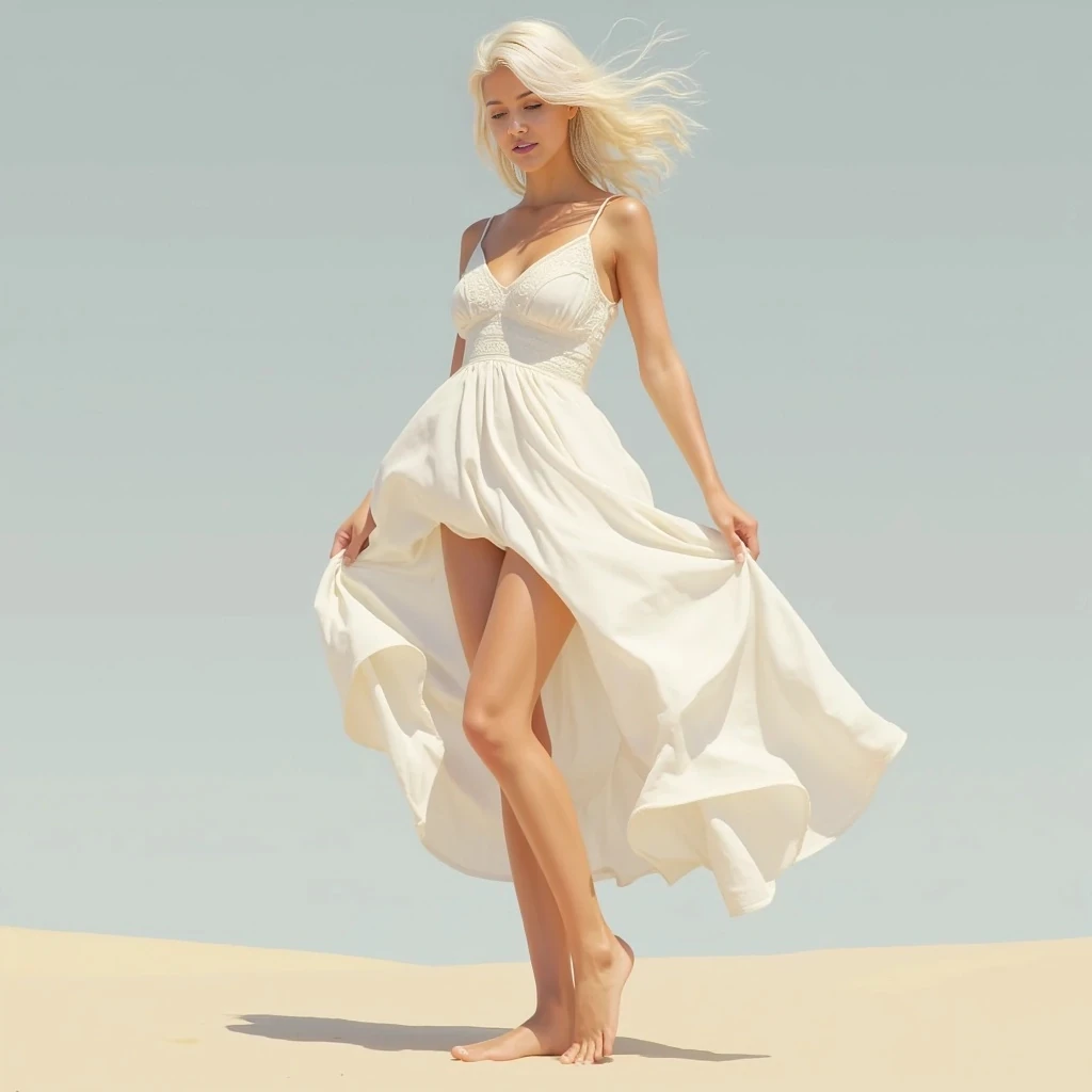 She has a slender, feminine build with gentle curves and a graceful silhouette. Her posture is relaxed yet confident, with long legs and a naturally elegant stance. Her skin is smooth and lightly sun-kissed, complementing her platinum blonde hair. She wears a light, flowy sundress that moves softly in the breeze, enhancing her natural motion. Her movements are poised and fluid, radiating warmth, confidence, and an understated charm. The overall impression is soft, balanced, and effortlessly captivating.