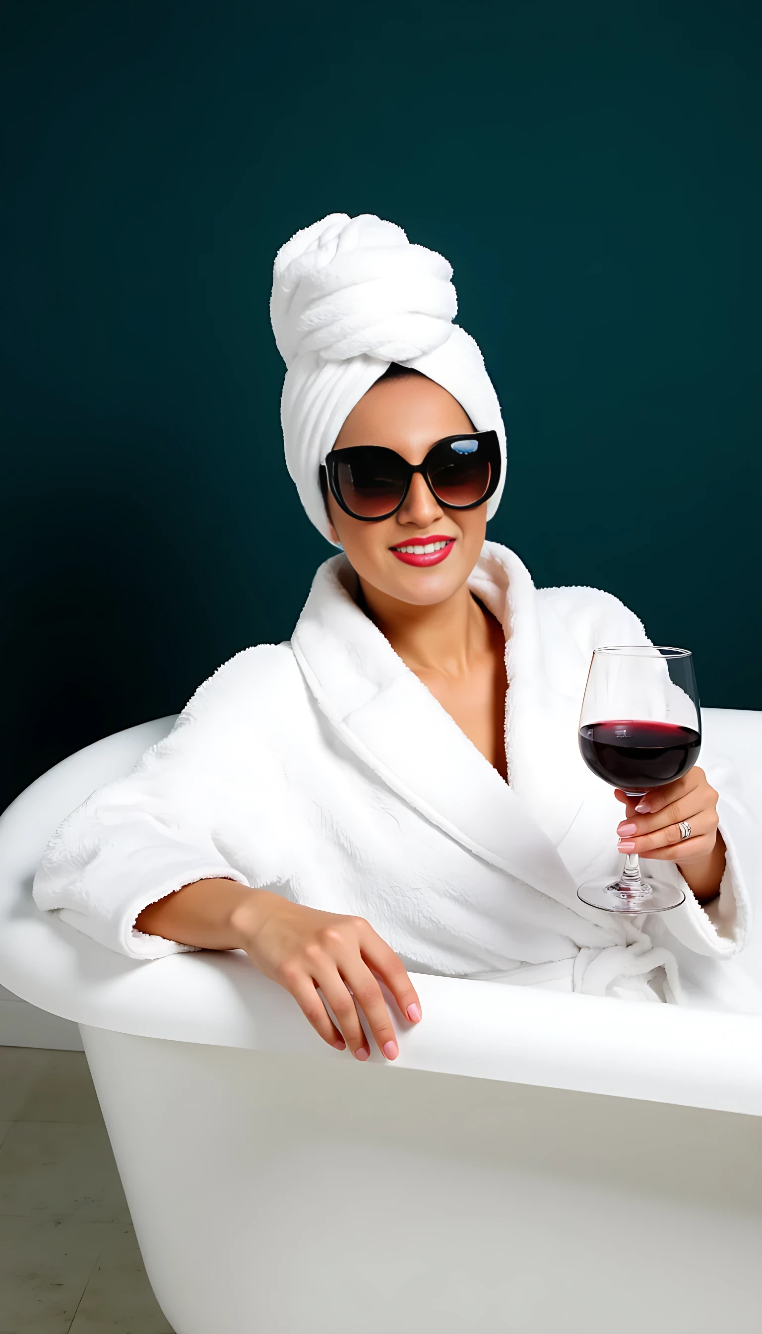 A stylish woman reclines in a white bathtub against a dark teal background. She wears a white bathrobe and has a towel turban wrapped around her head. She sports chic, oversized sunglasses and striking red lipstick. Her expression exudes confidence as she casually holds a glass of red wine in her hand, creating a luxurious and glamorous vibe.