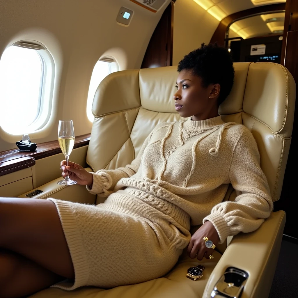 Cabin Luxury
Shot on Canon R5, 35mm f/1.4, ISO 800, 1/160 sec. Reclined in cream leather seat, model in Bottega Veneta knit set. Mixed lighting: window natural light + cabin spots. Light olive brown skin glowing against leather interior. Champagne flute, Cartier watch details. Background: Luxury cabin finishes.
 CSTMDL