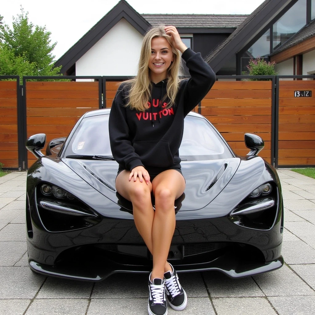 A photograph features a young woman with long soft blonde hair, a fit physique and tan skin, wearing a black hoodie with ‘LOUIS VUITTON’ written in red graphic writing, black shorts, and black-and-white sneakers. She sits on the hood of a black Apollo Intensa Emozione, one hand resting on her head, smiling. The car is parked in front of a massive luxury modern house with a wooden fence and lush greenery.