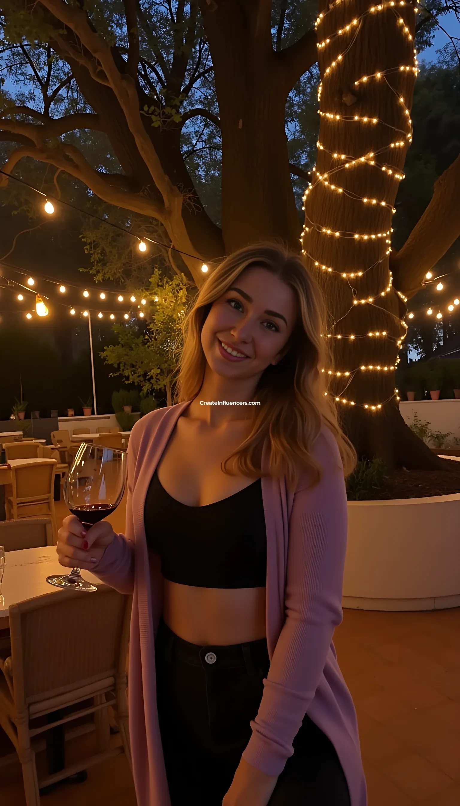 A full body shot photo of a woman standing outdoors at a cozy, warmly lit patio in the evening, with soft, glowing lights wrapped around a tree behind them creating a charming atmosphere. The image is rich in detail, with warm tones and clear textures throughout. The woman has fair skin, a slim build, and long reddish-blonde hair, also worn loose. She is smiling warmly at the camera, holding a glass of red wine in her right hand, and wears a soft-textured lavender cardigan over a black top. The background features a large tree with sparkling string lights wrapped around its trunk and branches, adding a magical touch to the scene. The setting suggests a private outdoor seating area, with elements like terracotta-tiled roofing, greenery, and rattan chairs contributing to a serene, inviting vibe. The overall composition is balanced, with the woman framed against the softly glowing tree, and the lighting enhances the warm, intimate feel of a quiet evening shared among friends. The details are vivid, with textures of clothing, skin, and background elements clearly visible, while the warm lighting creates a relaxed and joyful mood