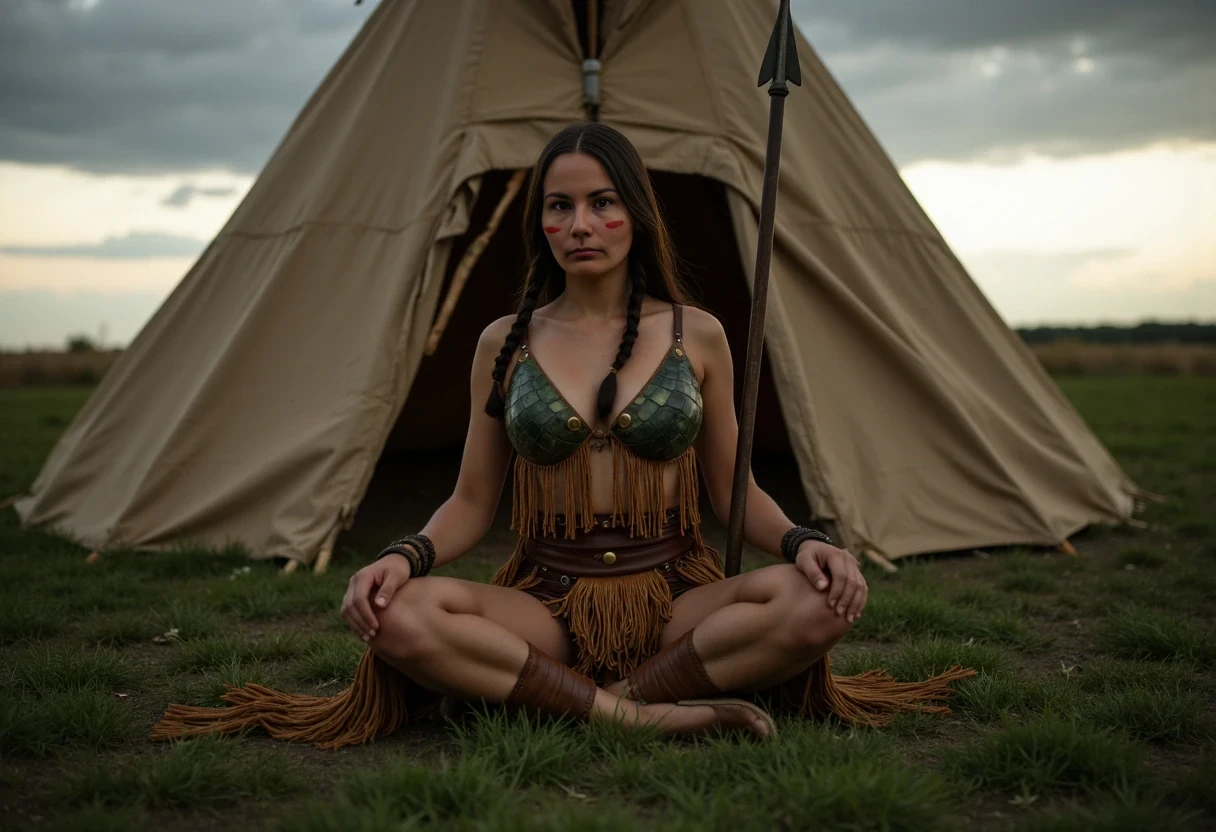 Medium shot photo of a beautiful 25-year-old with a slender athletic build. A Native American woman warrior with small petite almost flat breasts, wearing native American Regalia, posing stoically in front of a round native American plains style tipi. The tipi is a large tipi, large enough for a small family. Set under dim natural sunrise light. The sun has barely begun to peek over the horizon. The image has a dull color palette, with the greenery of the ground around the tipi being dark green and browns cast with shadows and dull gray sky meets the sunrise on the horizon enhancing the moody atmosphere. The woman, who is Native American in appearance, has a slim athletic build and petite tiny almost flat breasts. She is wearing a top that  consists of two real turtle shells in a dark green palette, a turtle shell fitted over each breast and strung together to turn them both into a bra. They look rigid and tough like snapping turtle shells. They are real turtle shells. A smoked hide leather panties that are smoked golden brown in color. She is wearing heavy leather vambraces on her forearms that go all  the way up to below her elbow and leather wraps around her shins that go all the way up to below her knees. She is wearing a dark brown, thick, wide, leather kidney belt with circle brass plates as wide as the belt riveted around it's exterior from which a short fringe breechcloth is fitted to. The fringe is widely spaced, it is a golden smoked hide brown color. It drapes loosely overtop of her panties and down to just below her panties in length. It is widely spaced fringed you can still see her entire turtle shell bra and leather panties. She is wearing ankle height smoked hide moccasins on her feet. Her hair is Native American styled with 2 long braids. She is a fierce sight, a confident capable warrior. She weilds a long steel spear in her right hand with a small spear tip and a long shaft which is where her hand is gripped. There is a bundle of arrows in a smoked hide quiver on her back. She sits on the ground in front of the tipi with her legs spread apart towards the camera. You can see you can see her panties under her long fringe breechcloth. The woman is looking directly at the camera stoically without any other expression. She has red warpaint streaked in one straight line along her cheekbones. There is no explicit nudity visible. Cinematic shooting style. Romantic setting.