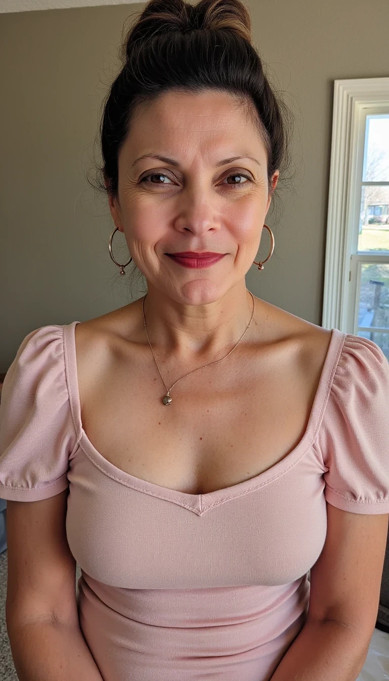 photo of woman CSTMDL, dressed in a shirt sun dress and looking like a young baby sitter with her large breasts bulging out of the dress