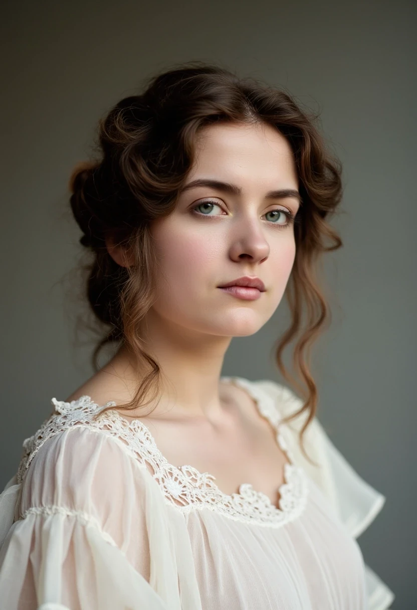 photo of woman CSTMDL, brunette, blue eyes, cold smile, 1900 white clothes, tied hair, medium shot photo