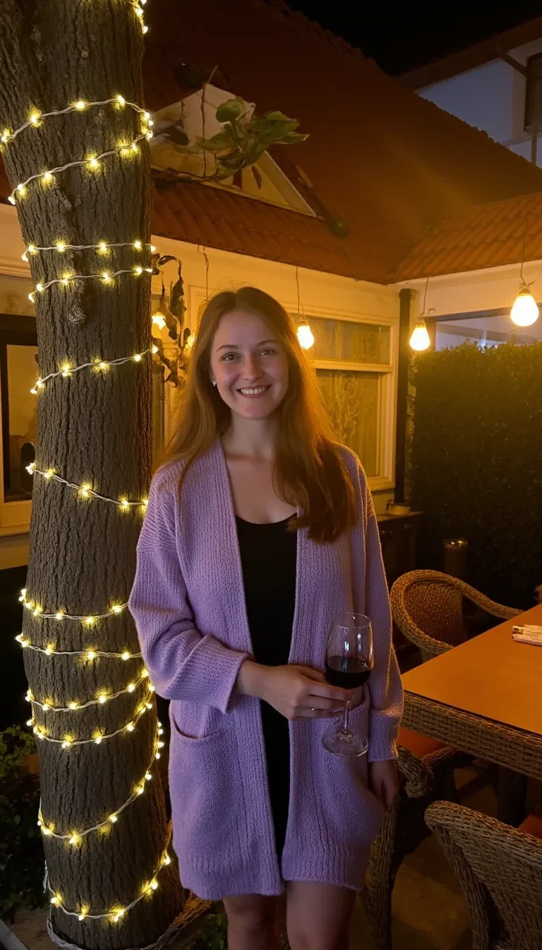A full body shot photo of a woman standing outdoors at a cozy, warmly lit patio in the evening, with soft, glowing lights wrapped around a tree behind them creating a charming atmosphere. The image is rich in detail, with warm tones and clear textures throughout. The woman has fair skin, a slim build, and long reddish-blonde hair, also worn loose. She is smiling warmly at the camera, holding a glass of red wine in her right hand, and wears a soft-textured lavender cardigan over a black top. The background features a large tree with sparkling string lights wrapped around its trunk and branches, adding a magical touch to the scene. The setting suggests a private outdoor seating area, with elements like terracotta-tiled roofing, greenery, and rattan chairs contributing to a serene, inviting vibe. The overall composition is balanced, with the woman framed against the softly glowing tree, and the lighting enhances the warm, intimate feel of a quiet evening shared among friends. The details are vivid, with textures of clothing, skin, and background elements clearly visible, while the warm lighting creates a relaxed and joyful mood