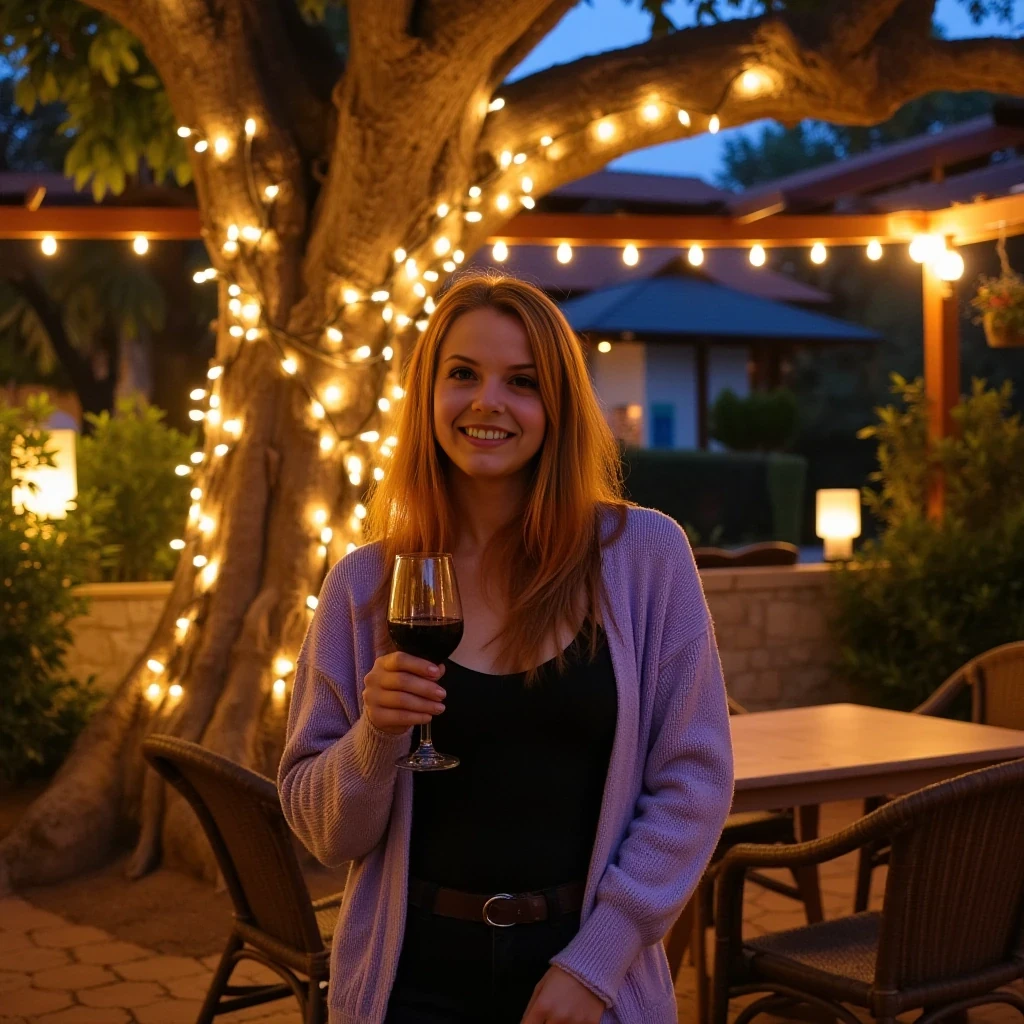A full body shot photo of a woman standing outdoors at a cozy, warmly lit patio in the evening, with soft, glowing lights wrapped around a tree behind them creating a charming atmosphere. The image is rich in detail, with warm tones and clear textures throughout. The woman has fair skin, a slim build, and long reddish-blonde hair, also worn loose. She is smiling warmly at the camera, holding a glass of red wine in her right hand, and wears a soft-textured lavender cardigan over a black top. The background features a large tree with sparkling string lights wrapped around its trunk and branches, adding a magical touch to the scene. The setting suggests a private outdoor seating area, with elements like terracotta-tiled roofing, greenery, and rattan chairs contributing to a serene, inviting vibe. The overall composition is balanced, with the woman framed against the softly glowing tree, and the lighting enhances the warm, intimate feel of a quiet evening shared among friends. The details are vivid, with textures of clothing, skin, and background elements clearly visible, while the warm lighting creates a relaxed and joyful mood