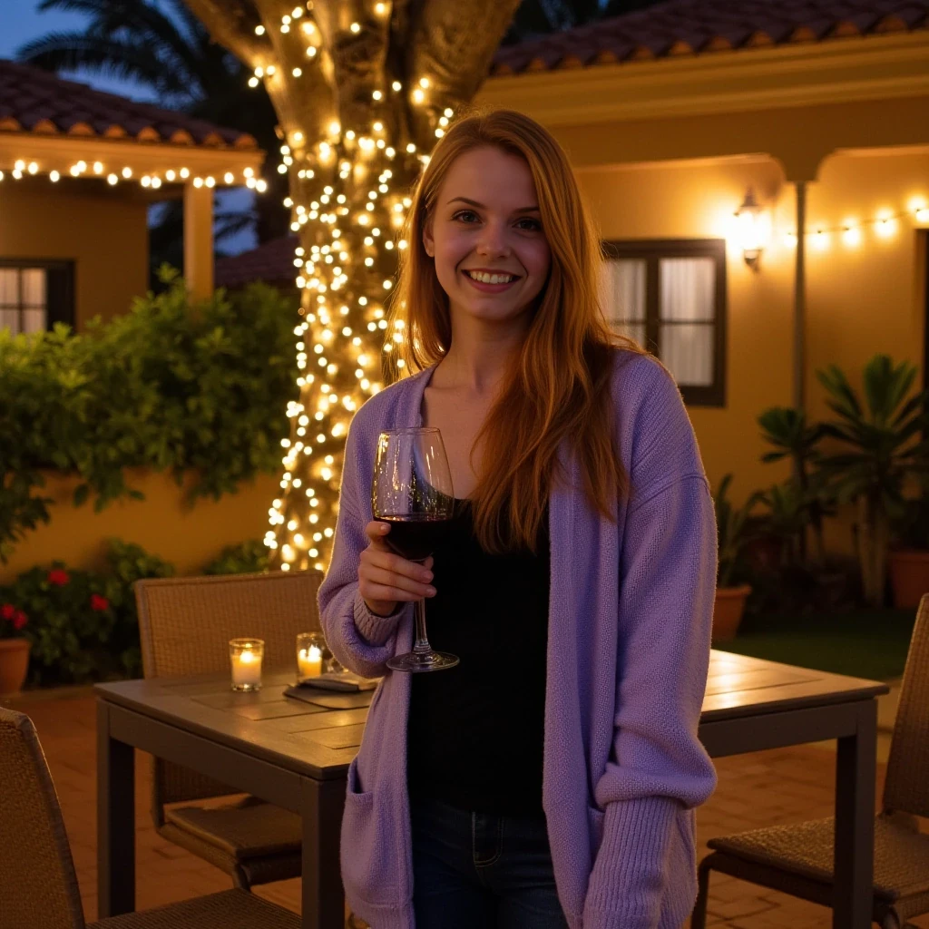 A full body shot photo of a woman standing outdoors at a cozy, warmly lit patio in the evening, with soft, glowing lights wrapped around a tree behind them creating a charming atmosphere. The image is rich in detail, with warm tones and clear textures throughout. The woman has fair skin, a slim build, and long reddish-blonde hair, also worn loose. She is smiling warmly at the camera, holding a glass of red wine in her right hand, and wears a soft-textured lavender cardigan over a black top. The background features a large tree with sparkling string lights wrapped around its trunk and branches, adding a magical touch to the scene. The setting suggests a private outdoor seating area, with elements like terracotta-tiled roofing, greenery, and rattan chairs contributing to a serene, inviting vibe. The overall composition is balanced, with the woman framed against the softly glowing tree, and the lighting enhances the warm, intimate feel of a quiet evening shared among friends. The details are vivid, with textures of clothing, skin, and background elements clearly visible, while the warm lighting creates a relaxed and joyful mood