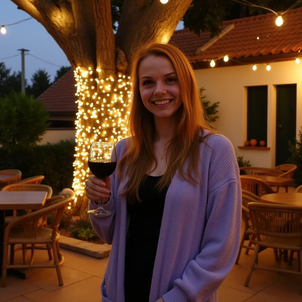 A full body shot photo of a woman standing outdoors at a cozy, warmly lit patio in the evening, with soft, glowing lights wrapped around a tree behind them creating a charming atmosphere. The image is rich in detail, with warm tones and clear textures throughout. The woman has fair skin, a slim build, and long reddish-blonde hair, also worn loose. She is smiling warmly at the camera, holding a glass of red wine in her right hand, and wears a soft-textured lavender cardigan over a black top. The background features a large tree with sparkling string lights wrapped around its trunk and branches, adding a magical touch to the scene. The setting suggests a private outdoor seating area, with elements like terracotta-tiled roofing, greenery, and rattan chairs contributing to a serene, inviting vibe. The overall composition is balanced, with the woman framed against the softly glowing tree, and the lighting enhances the warm, intimate feel of a quiet evening shared among friends. The details are vivid, with textures of clothing, skin, and background elements clearly visible, while the warm lighting creates a relaxed and joyful mood