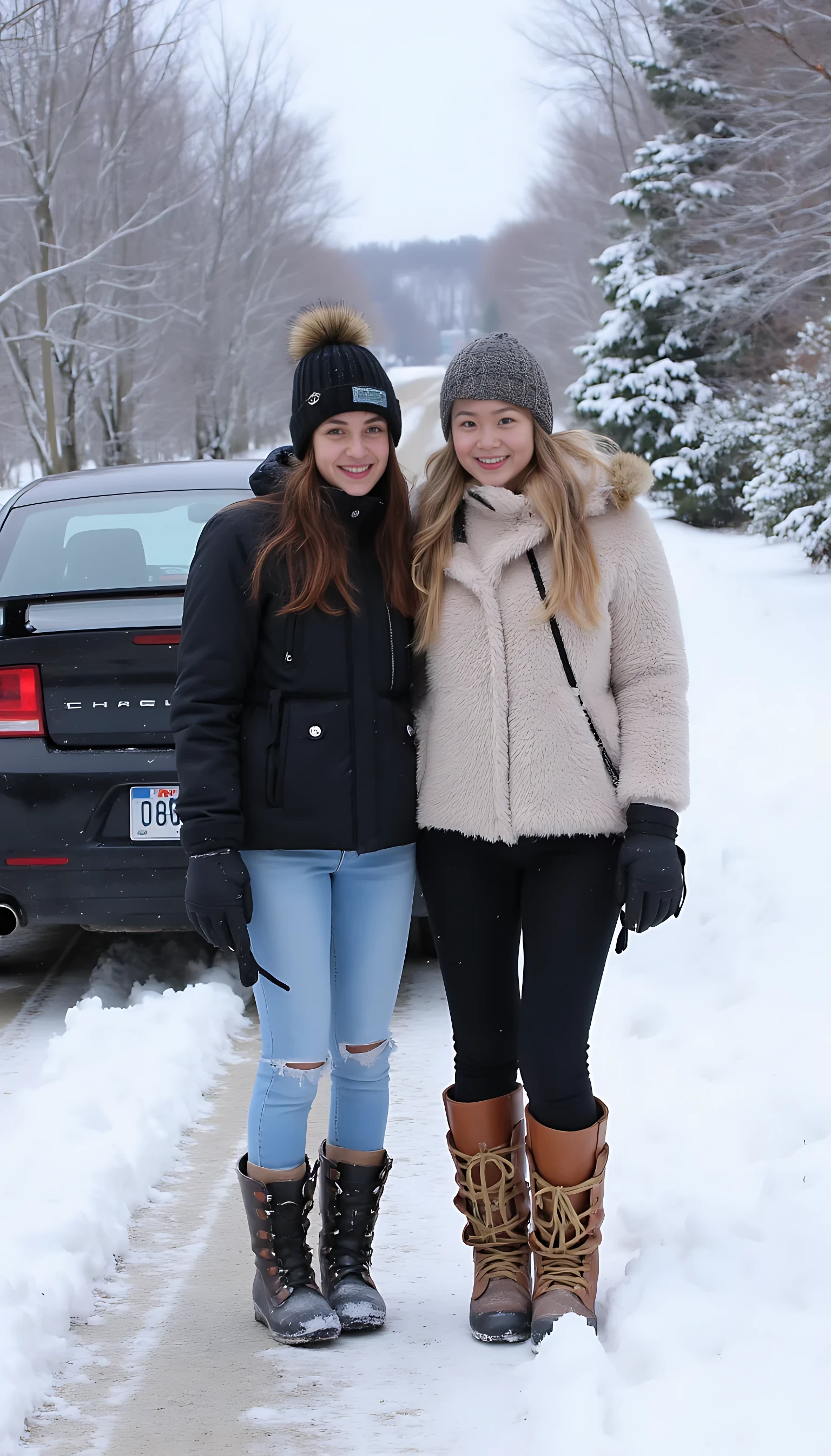 two friends, one extreme winter, snow upto knees, road behind, mustang charger behind, both girls wearing winter clothes and long boots, 