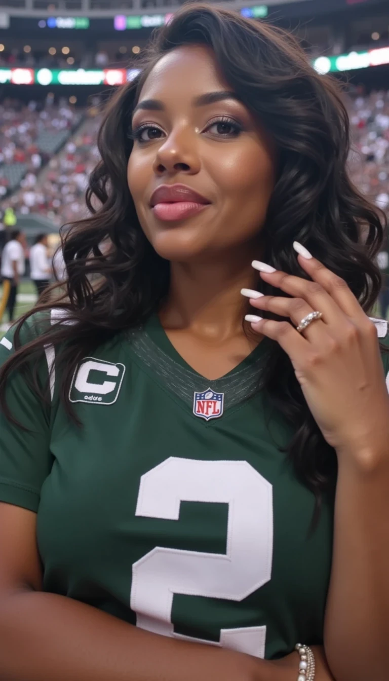 Create a photorealistic image of a stunning dark-skinned woman in her mid-20s, styled as a low-quality Snapchat-style selfie labeled CSTMDL, taken while sitting in the bleachers at MetLife Stadium during a Jets vs. Steelers game. The photo should have a casual, unfiltered look — slightly grainy and soft-focused, mimicking a real phone camera shot. In the background, there’s a packed crowd of fans wearing Jets and Steelers jerseys, adding to the energetic, game-day atmosphere.

The woman has a rich brown complexion, deep brown almond-shaped eyes, and long, wavy black hair flowing past her shoulders. Her figure is curvy, with full hips, a large butt, and a full chest. She’s wearing a Jets football jersey, casually putting a hotdog with ketchup and mustard with a bun in her mouth wide open with one hand, and her nails and toes feature a crisp white French manicure/pedicure.

Emphasize a realistic selfie angle, stadium lighting, and the authentic feel of a Snapchat moment captured during a live NFL game.