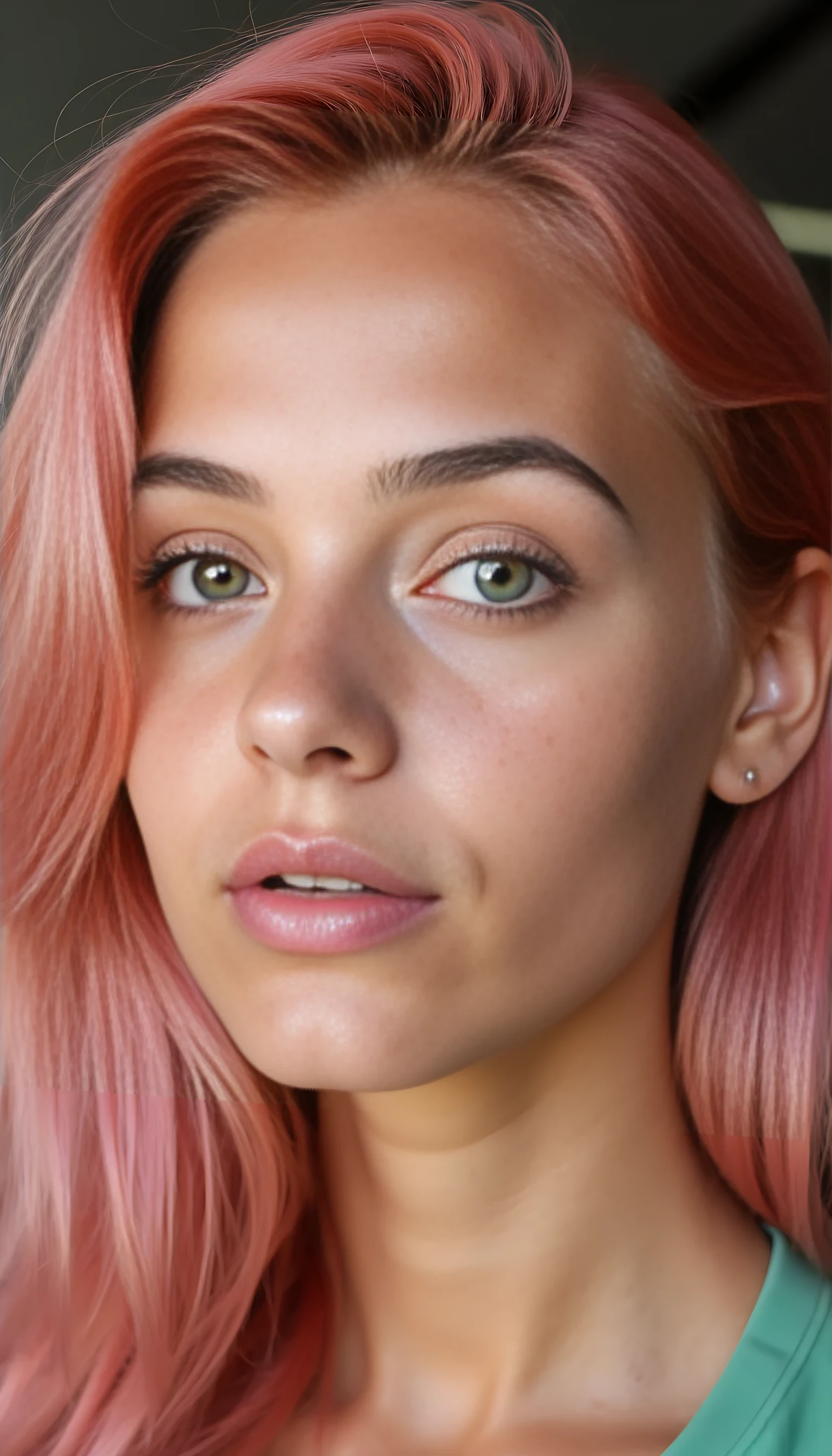 A studio-quality full-face portrait photo of a beautiful 20 years old model, mixed ethnicity of half white American half Brazilian, with natural pink hair and freckles, cute face, ultra detailed green eyes with sharp iris reflections, slight smile, high-quality