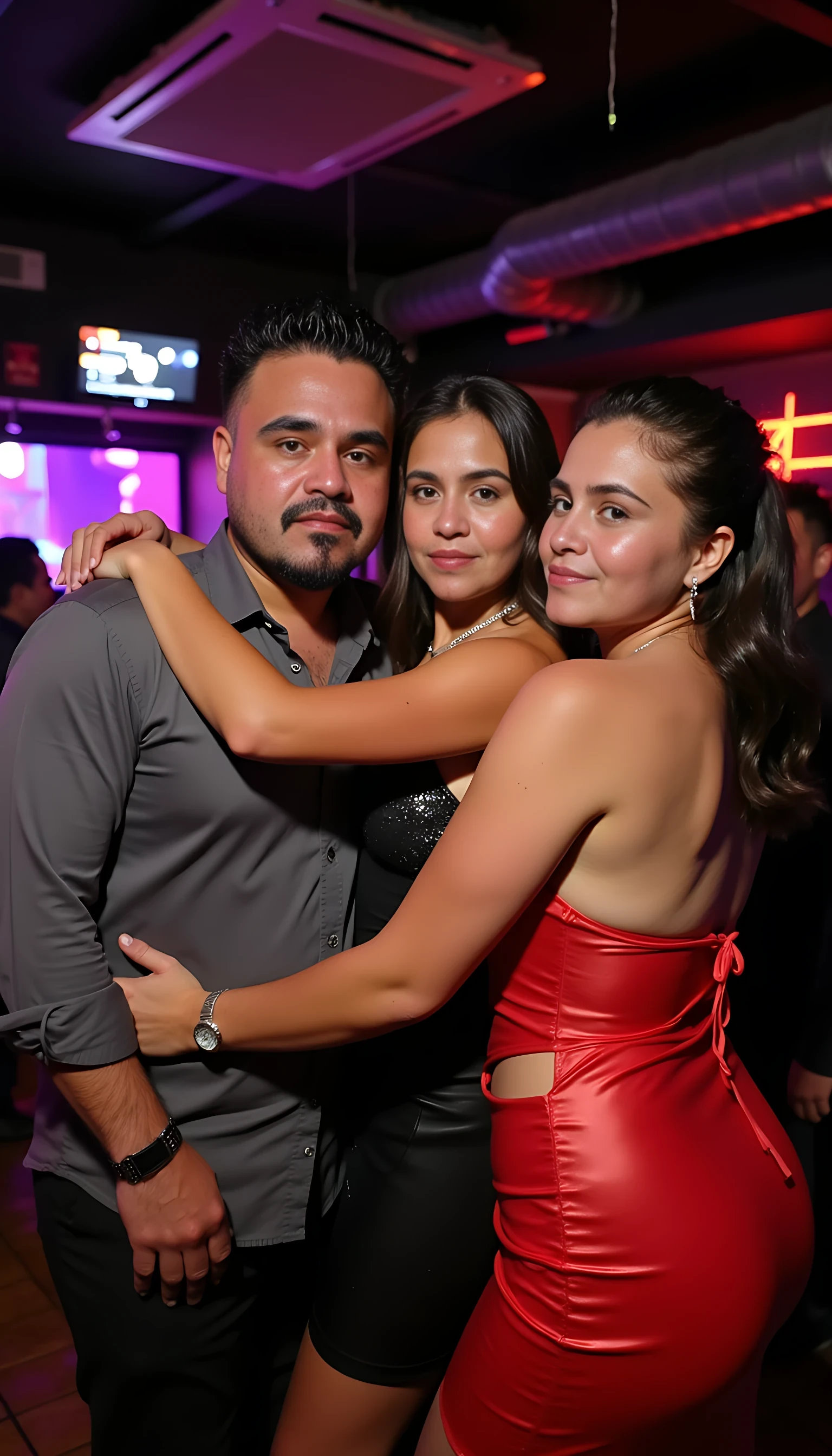 full man body wearing a  nice gray dress shirt   Hugging a 4 beautiful  Colombian girls  in sexy dresses in a nightclub background 
