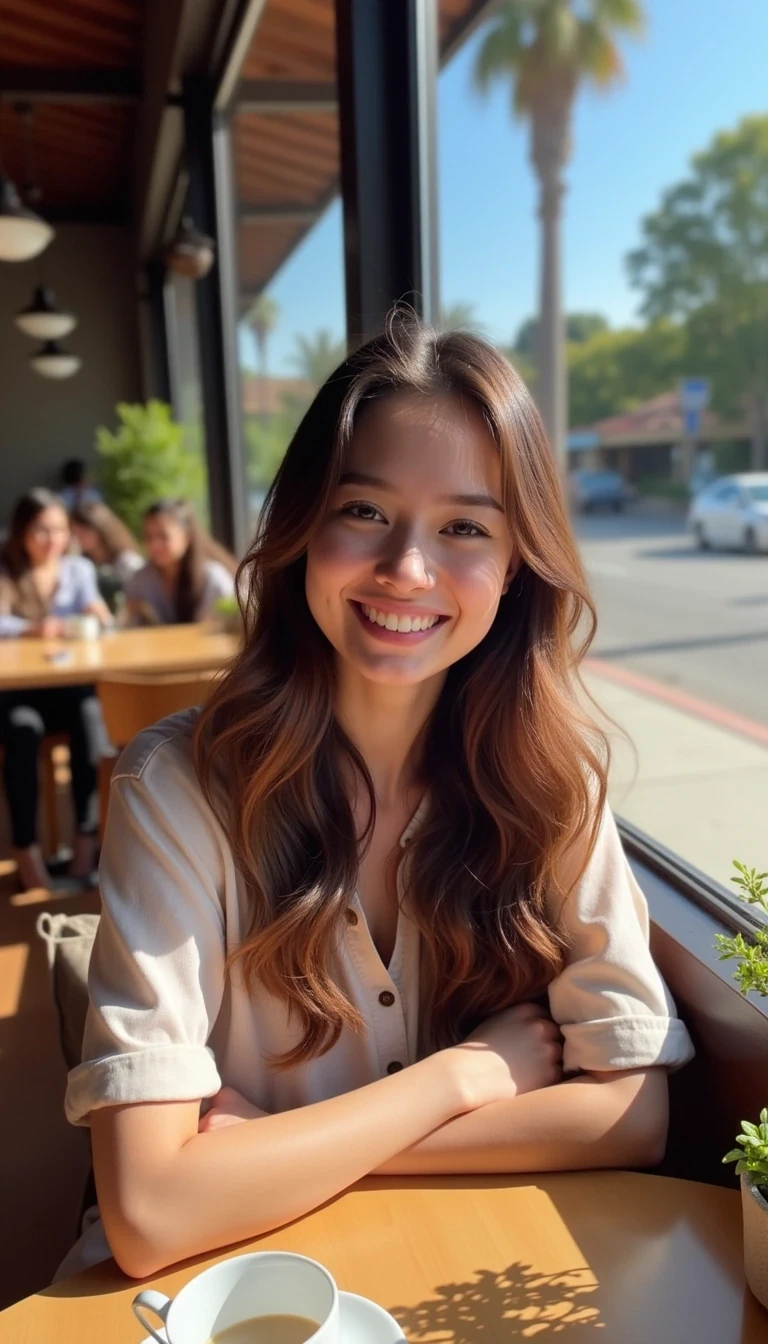 A boring, low-quality Snapchat-style photo from around 2015, showing a young woman with a warm smile sitting at a cozy café table. She has soft, wavy brown hair cascading past her shoulders, and the sunlight from a nearby window casts a gentle glow on her face. The café interior is warm and inviting, with a neat setup that includes a coffee cup in front of her and a small plant on the table. In the background, the café has a relaxed atmosphere with other patrons quietly chatting, wooden tables, and a view through the window of a tree-lined street and blue skies outside.