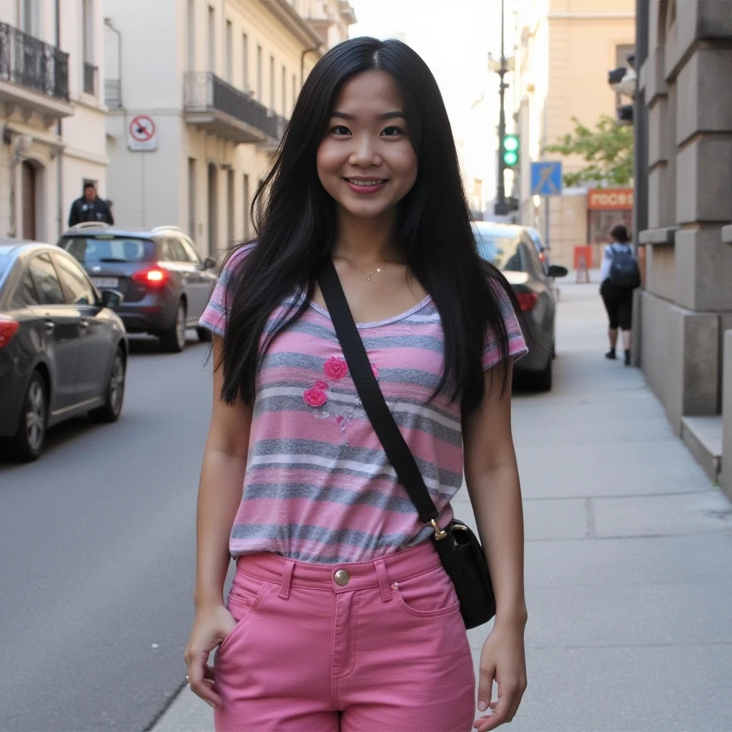 boring low quality snapchat photo circa 2015, asian, cute, thin, petite, black hair hair, cute outfit, european city background