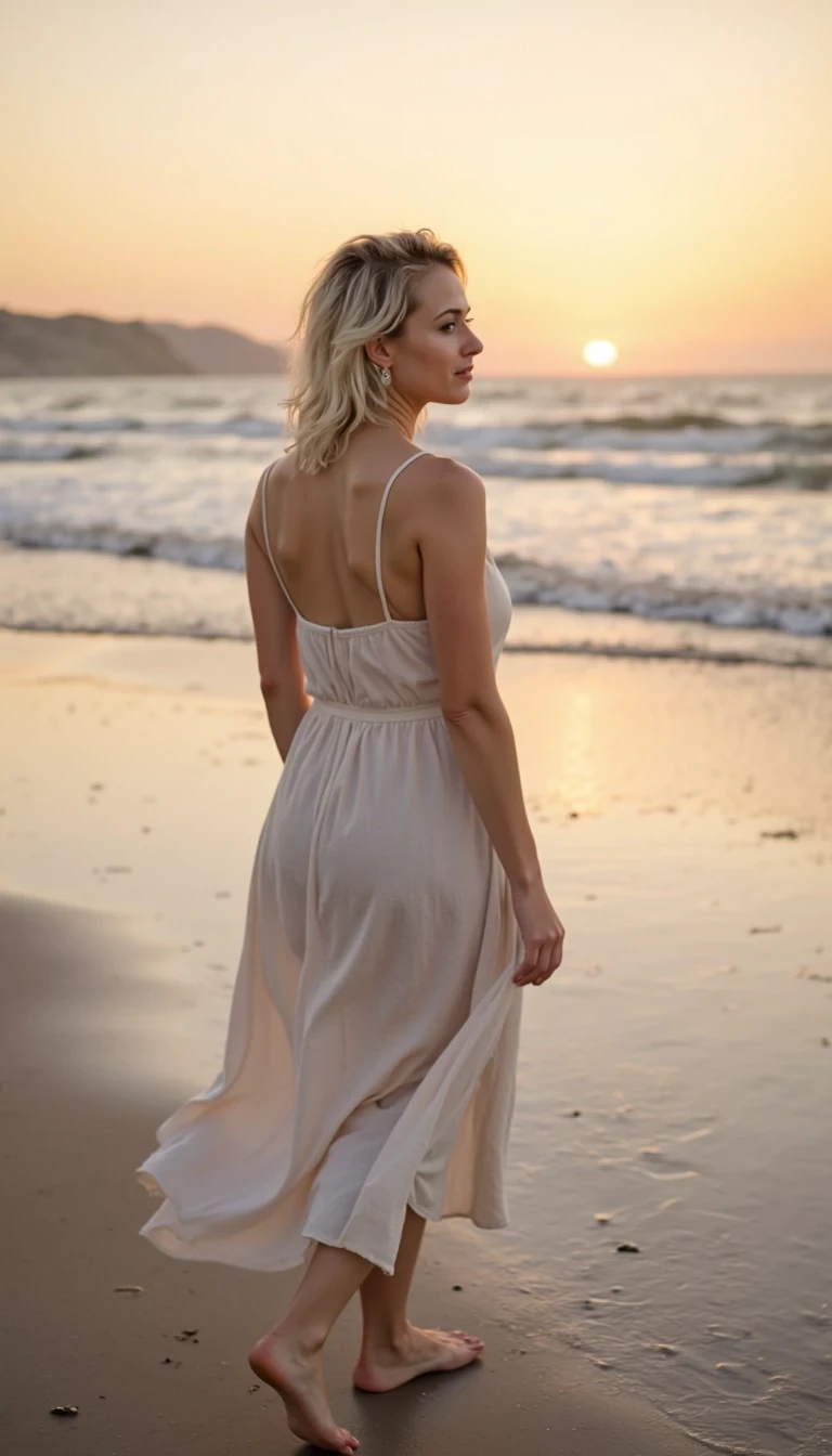 Elegant shot of a woman walking barefoot on a quiet coastline during golden hour, soft wind catching flowy linen dress, distant waves and pastel sunset sky, cinematic lifestyle photography