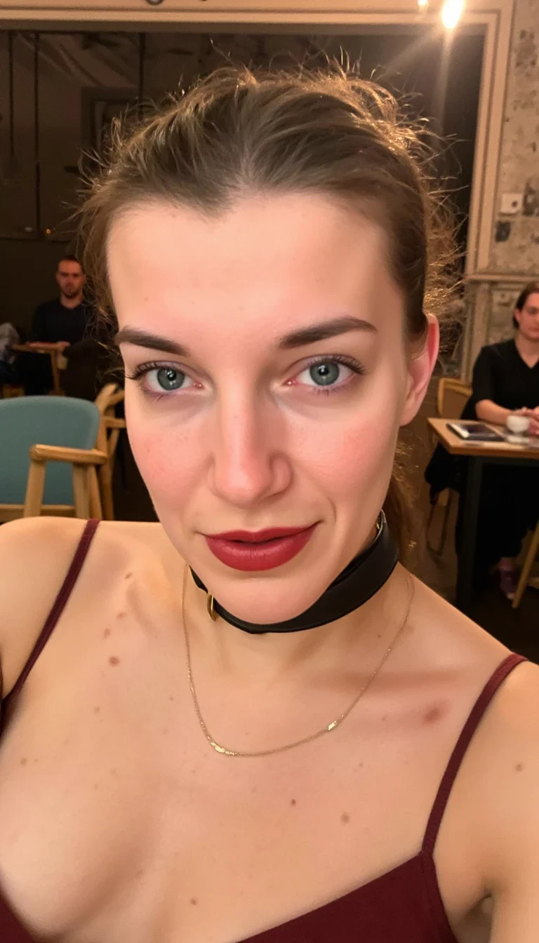 girl as slave girl close up nude portrait photo of submissive , wearing bdsm collar collar with big ring and bdsm style leather corset, with eyes looking at camera, slim, ponytail hair, big sensual red lips , pale skin, perfect tits, model face, topless, perfect skin, goosebumps, ultra realistic, trend on instagram, in a luxury salon for gentlemen,
