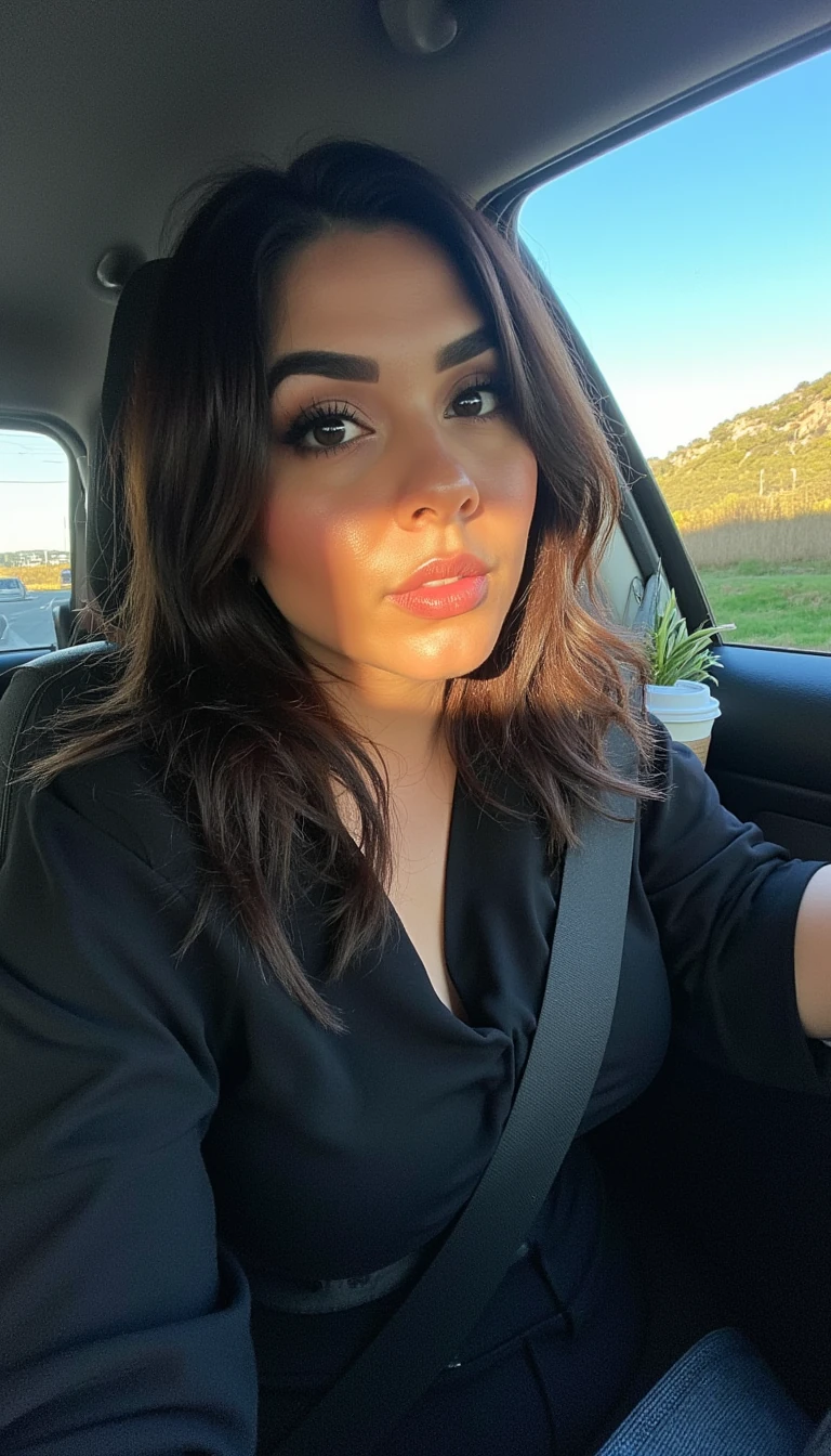 boring low quality snapchat photo circa 2015, A beautiful young thick curvy Latina woman with expressive dark eyes, and a natural glow. a mysterious, confident expression. Her style is sexy but elegant, with a modern gothic aesthetic—think dark clothing, layered textures, and subtle makeup with bold eyebrows sitting in the driver's seat of a cozy car. She has soft, wavy brown hair cascading past her shoulders. The sunlight streams through the window, casting a gentle glow on her face. The interior of the car is neat and comfortable, with a coffee cup in the cup holder and a small plant on the dashboard. The background outside the window shows a scenic road lined with trees and blue skies