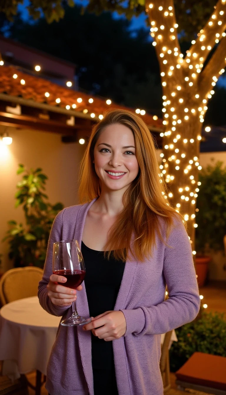 A full body shot photo of a woman standing outdoors at a cozy, warmly lit patio in the evening, with soft, glowing lights wrapped around a tree behind them creating a charming atmosphere. The image is rich in detail, with warm tones and clear textures throughout. The woman has fair skin, a slim build, and long reddish-blonde hair, also worn loose. She is smiling warmly at the camera, holding a glass of red wine in her right hand, and wears a soft-textured lavender cardigan over a black top. The background features a large tree with sparkling string lights wrapped around its trunk and branches, adding a magical touch to the scene. The setting suggests a private outdoor seating area, with elements like terracotta-tiled roofing, greenery, and rattan chairs contributing to a serene, inviting vibe. The overall composition is balanced, with the woman framed against the softly glowing tree, and the lighting enhances the warm, intimate feel of a quiet evening shared among friends. The details are vivid, with textures of clothing, skin, and background elements clearly visible, while the warm lighting creates a relaxed and joyful mood