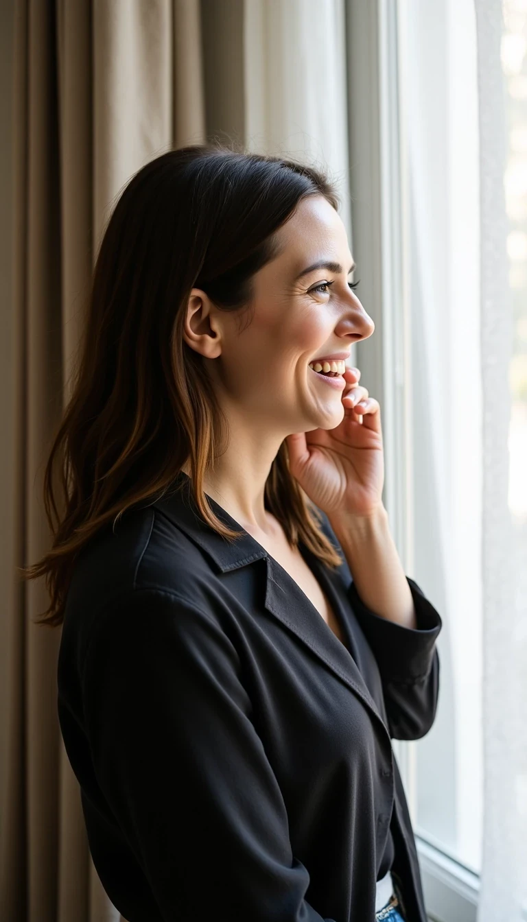 Side profile of woman laughing while on a phone call, standing by window with natural light, hair tucked behind one ear, CSTMDL woman