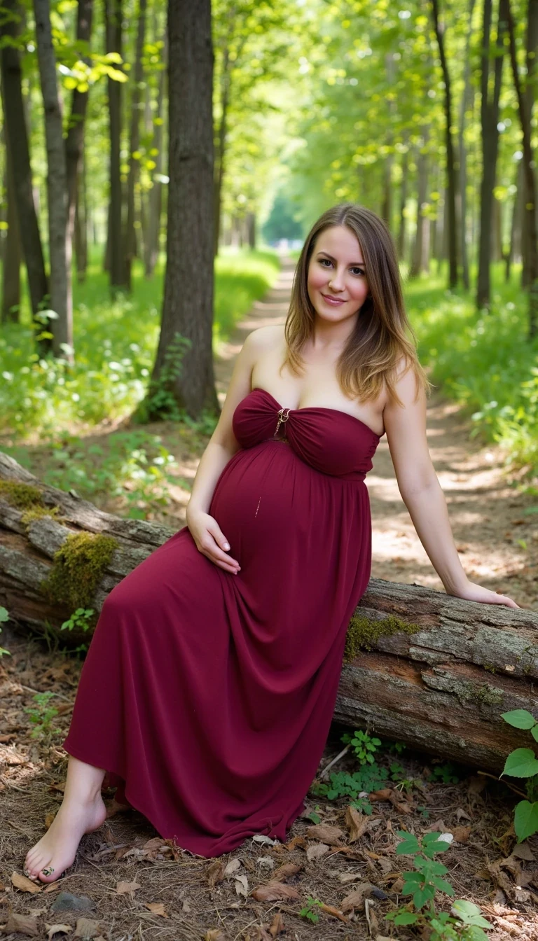 This is a photograph of a pregnant woman sitting on a fallen tree in a lush forest. The woman, likely in her late twenties to early thirties, has fair skin, long wavy brown hair, and is smiling warmly. She is wearing a flowing, strapless, deep red dress that drapes elegantly over her body, accentuating her pregnant belly. The dress is made of a soft, silky material that contrasts beautifully with the natural setting. Her left hand rests on her belly, while her right hand supports her on the tree trunk.

The forest around her is dense with tall trees, their trunks and branches creating a canopy that filters the sunlight, casting a dappled light on the ground. The forest floor is covered in a mix of dry leaves, small plants, and moss, with a path leading into the distance, partially visible through the greenery. The overall atmosphere is serene and natural, with the woman's relaxed pose and smile suggesting a sense of calm and connection with nature. The image is well-lit, with soft natural light enhancing the warm tones of the dress and the lush greenery of the forest.