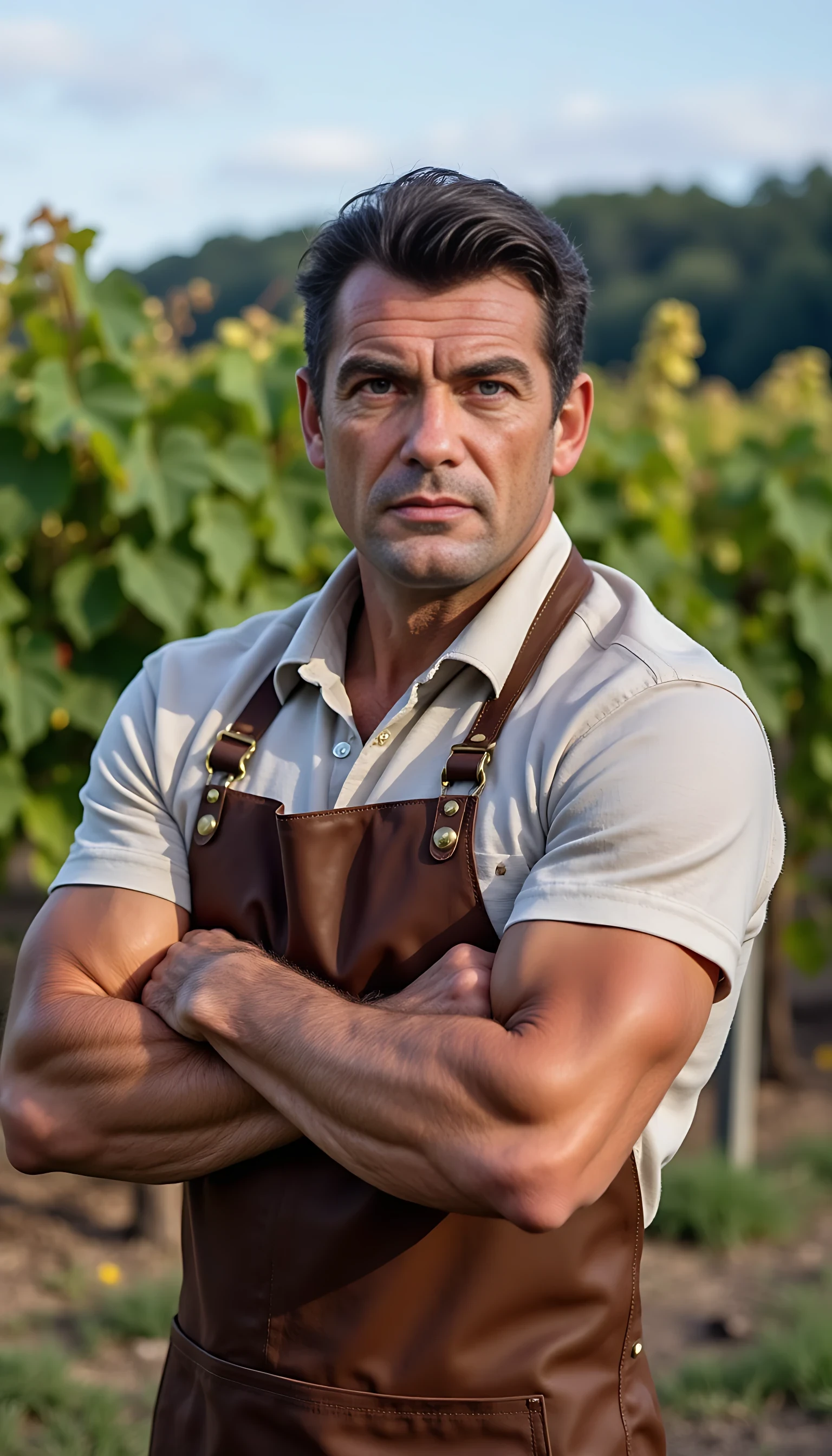 photo is taken in 2020. It's an 8k high quality photo of man CSTMDL, in his forties, black hair with some white hairs due to age, blue eyes. His arms are crossed on his chest in front of his french wineyard situated in Burgundy. He's proud of his domain and of his wine and is wearing some simple winemaker attire with a brown leather apron. He's well built, quite muscular and athletic for his age. he looks like a man you don’t mess with. 