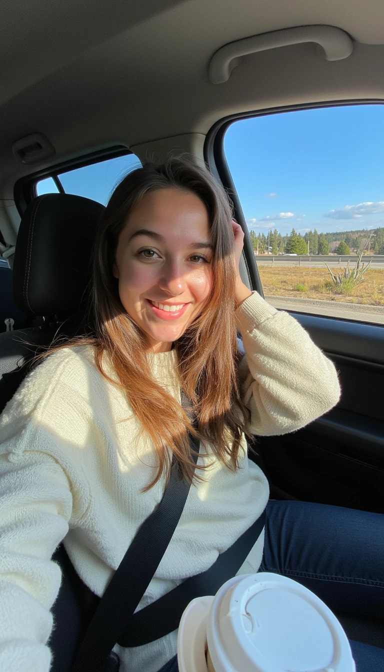 boring low quality snapchat photo circa 2015, A young woman with a warm smile, sitting in the driver's seat of a cozy car. She has soft, wavy brown hair cascading past her shoulders. The sunlight streams through the window, casting a gentle glow on her face. The interior of the car is neat and comfortable, with a coffee cup in the cup holder and a small plant on the dashboard. The background outside the window shows a scenic road lined with trees and blue skies