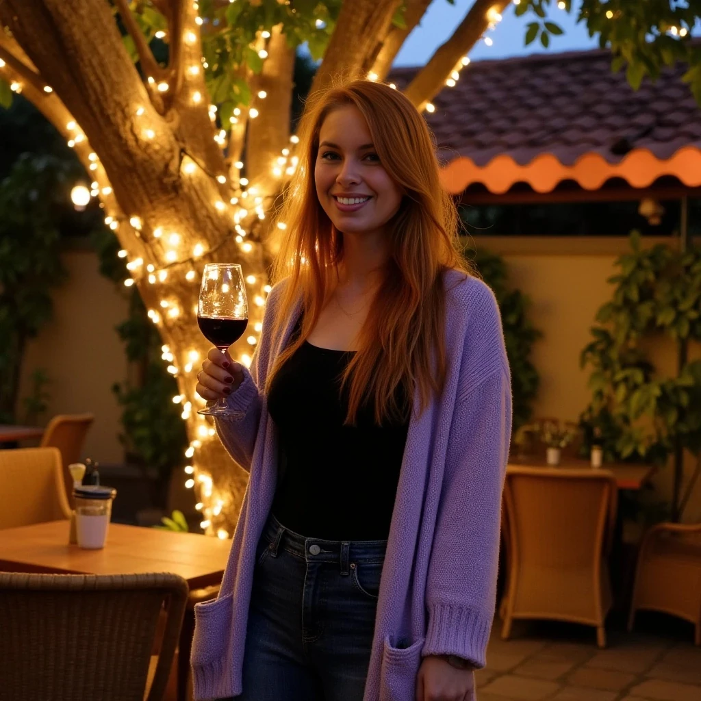 A full body shot photo of a woman standing outdoors at a cozy, warmly lit patio in the evening, with soft, glowing lights wrapped around a tree behind them creating a charming atmosphere. The image is rich in detail, with warm tones and clear textures throughout. The woman has fair skin, a slim build, and long reddish-blonde hair, also worn loose. She is smiling warmly at the camera, holding a glass of red wine in her right hand, and wears a soft-textured lavender cardigan over a black top. The background features a large tree with sparkling string lights wrapped around its trunk and branches, adding a magical touch to the scene. The setting suggests a private outdoor seating area, with elements like terracotta-tiled roofing, greenery, and rattan chairs contributing to a serene, inviting vibe. The overall composition is balanced, with the woman framed against the softly glowing tree, and the lighting enhances the warm, intimate feel of a quiet evening shared among friends. The details are vivid, with textures of clothing, skin, and background elements clearly visible, while the warm lighting creates a relaxed and joyful mood