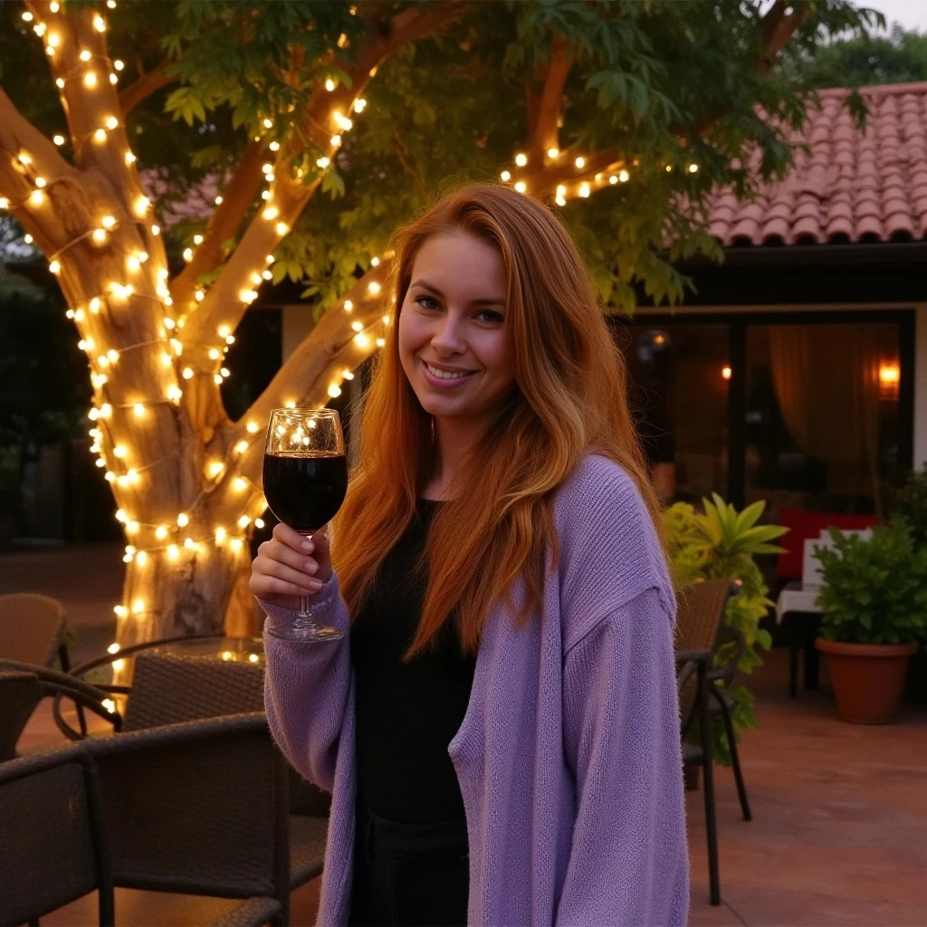 A full body shot photo of a woman standing outdoors at a cozy, warmly lit patio in the evening, with soft, glowing lights wrapped around a tree behind them creating a charming atmosphere. The image is rich in detail, with warm tones and clear textures throughout. The woman has fair skin, a slim build, and long reddish-blonde hair, also worn loose. She is smiling warmly at the camera, holding a glass of red wine in her right hand, and wears a soft-textured lavender cardigan over a black top. The background features a large tree with sparkling string lights wrapped around its trunk and branches, adding a magical touch to the scene. The setting suggests a private outdoor seating area, with elements like terracotta-tiled roofing, greenery, and rattan chairs contributing to a serene, inviting vibe. The overall composition is balanced, with the woman framed against the softly glowing tree, and the lighting enhances the warm, intimate feel of a quiet evening shared among friends. The details are vivid, with textures of clothing, skin, and background elements clearly visible, while the warm lighting creates a relaxed and joyful mood