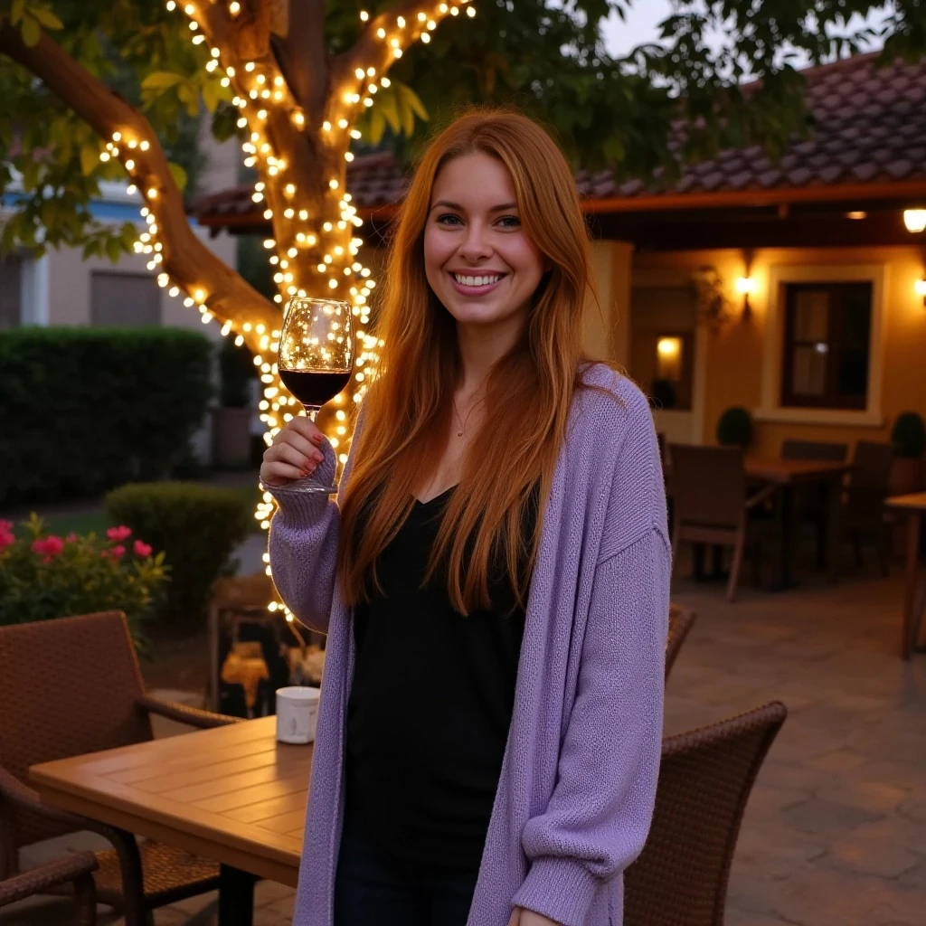 A full body shot photo of a woman standing outdoors at a cozy, warmly lit patio in the evening, with soft, glowing lights wrapped around a tree behind them creating a charming atmosphere. The image is rich in detail, with warm tones and clear textures throughout. The woman has fair skin, a slim build, and long reddish-blonde hair, also worn loose. She is smiling warmly at the camera, holding a glass of red wine in her right hand, and wears a soft-textured lavender cardigan over a black top. The background features a large tree with sparkling string lights wrapped around its trunk and branches, adding a magical touch to the scene. The setting suggests a private outdoor seating area, with elements like terracotta-tiled roofing, greenery, and rattan chairs contributing to a serene, inviting vibe. The overall composition is balanced, with the woman framed against the softly glowing tree, and the lighting enhances the warm, intimate feel of a quiet evening shared among friends. The details are vivid, with textures of clothing, skin, and background elements clearly visible, while the warm lighting creates a relaxed and joyful mood