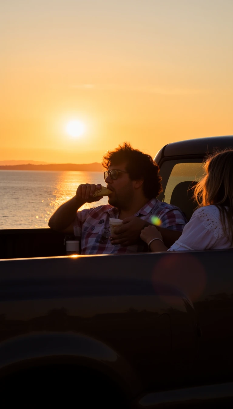 eating ice cream, having fun, in the back of a pickup truck, sunset