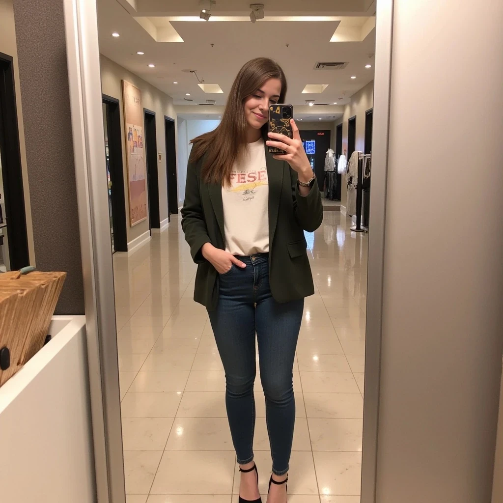 boring low quality snapchat photo circa 2015, average looking woman, full outfit, standing, soft light brown hair, mall background