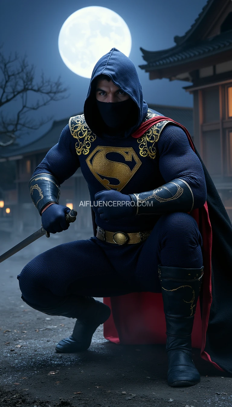 Superman in a ninja appearance, wearing a dark blue costume with intricate golden embroidery inspired by Japanese designs on the arms and chest, featuring his iconic 'S' emblem prominently displayed on the chest in gold. His cape seamlessly integrated into the costume, designed for stealth. Superman is crouched low in a dynamic battle-ready stance, one knee bent deeply while the other leg stretches back for balance. One hand tightly grips a katana sword positioned diagonally, ready to strike, while the other forms a defensive clenched fist. His sharp, focused gaze reflects determination. The background features a traditional Japanese village at night with a full moon glowing brightly and thin mist weaving through the scene, adding an air of mystery and intensity.