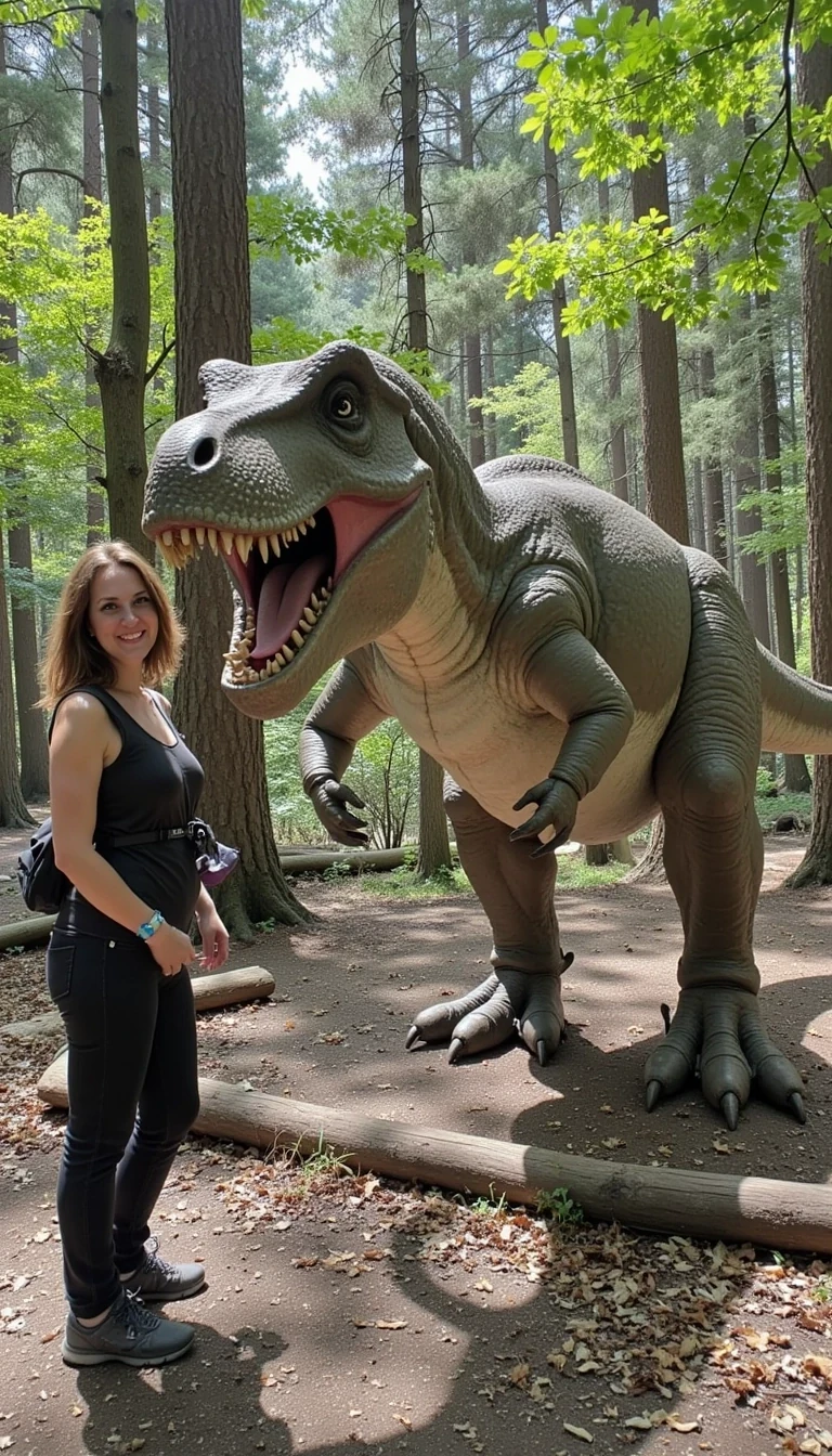 Photo of woman CSTMDL standing outside in the forest next to a T-Rex 