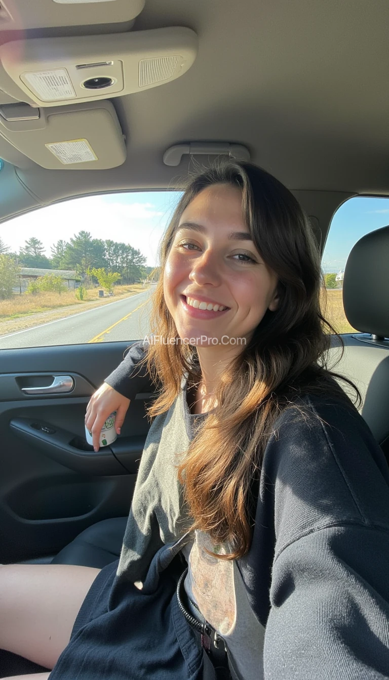 boring low quality snapchat photo circa 2015, A young woman with a warm smile, sitting in the driver's seat of a cozy car. She has soft, wavy brown hair cascading past her shoulders. The sunlight streams through the window, casting a gentle glow on her face. The interior of the car is neat and comfortable, with a coffee cup in the cup holder and a small plant on the dashboard. The background outside the window shows a scenic road lined with trees and blue skies