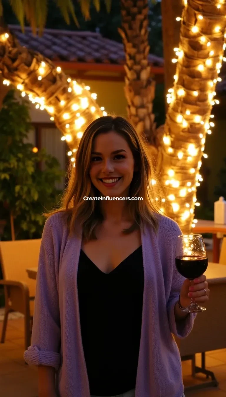 A full body shot photo of a woman standing outdoors at a cozy, warmly lit patio in the evening, with soft, glowing lights wrapped around a tree behind them creating a charming atmosphere. The image is rich in detail, with warm tones and clear textures throughout. The woman is smiling warmly at the camera, holding a glass of red wine in her right hand, and wears a soft-textured lavender cardigan over a black top. The background features a large tree with sparkling string lights wrapped around its trunk and branches, adding a magical touch to the scene. The setting suggests a private outdoor seating area, with elements like terracotta-tiled roofing, greenery, and rattan chairs contributing to a serene, inviting vibe. The overall composition is balanced, with the woman framed against the softly glowing tree, and the lighting enhances the warm, intimate feel of a quiet evening shared among friends. The details are vivid, with textures of clothing, skin, and background elements clearly visible, while the warm lighting creates a relaxed and joyful mood