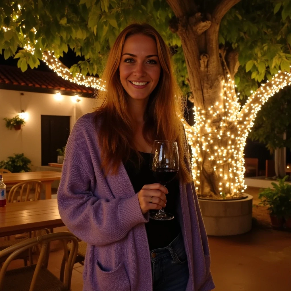 A full body shot photo of a woman standing outdoors at a cozy, warmly lit patio in the evening, with soft, glowing lights wrapped around a tree behind them creating a charming atmosphere. The image is rich in detail, with warm tones and clear textures throughout. The woman has fair skin, a slim build, and long reddish-blonde hair, also worn loose. She is smiling warmly at the camera, holding a glass of red wine in her right hand, and wears a soft-textured lavender cardigan over a black top. The background features a large tree with sparkling string lights wrapped around its trunk and branches, adding a magical touch to the scene. The setting suggests a private outdoor seating area, with elements like terracotta-tiled roofing, greenery, and rattan chairs contributing to a serene, inviting vibe. The overall composition is balanced, with the woman framed against the softly glowing tree, and the lighting enhances the warm, intimate feel of a quiet evening shared among friends. The details are vivid, with textures of clothing, skin, and background elements clearly visible, while the warm lighting creates a relaxed and joyful mood