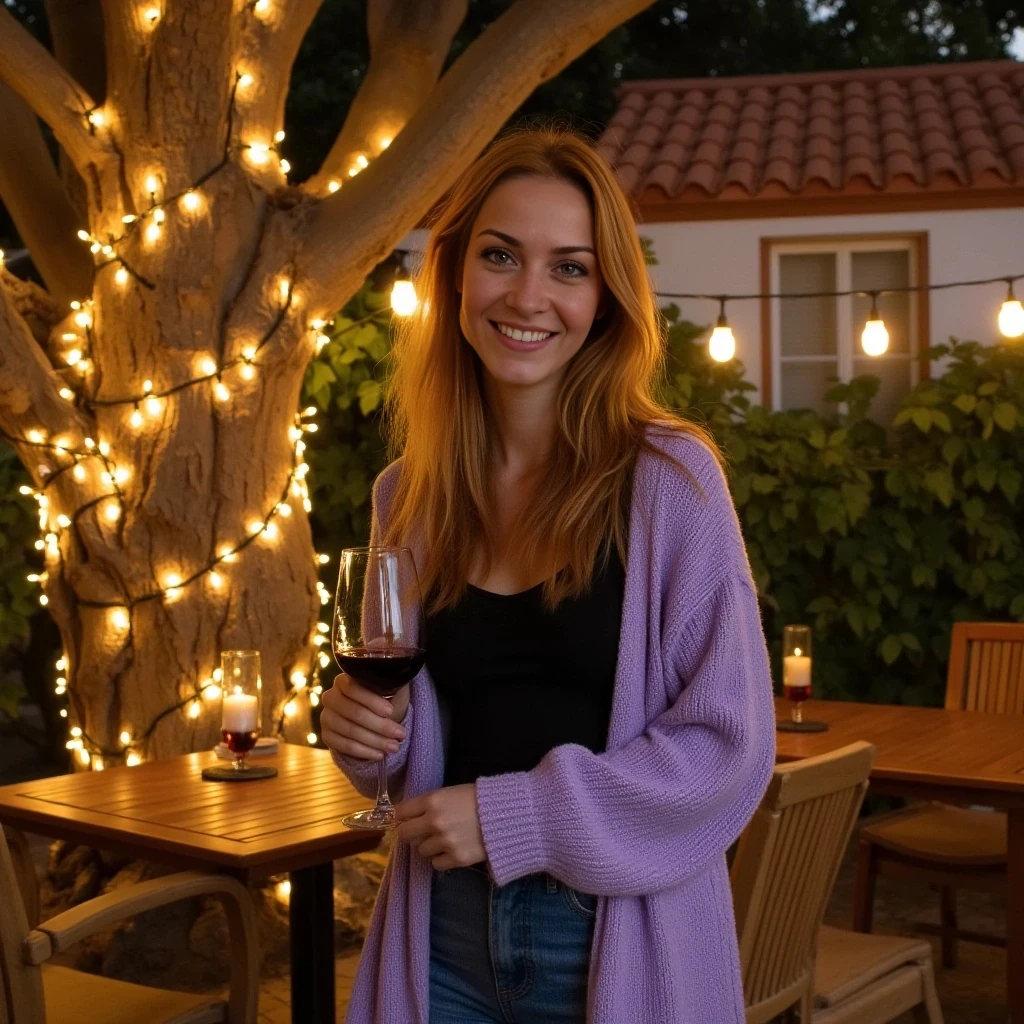 A full body shot photo of a woman standing outdoors at a cozy, warmly lit patio in the evening, with soft, glowing lights wrapped around a tree behind them creating a charming atmosphere. The image is rich in detail, with warm tones and clear textures throughout. The woman has fair skin, a slim build, and long reddish-blonde hair, also worn loose. She is smiling warmly at the camera, holding a glass of red wine in her right hand, and wears a soft-textured lavender cardigan over a black top. The background features a large tree with sparkling string lights wrapped around its trunk and branches, adding a magical touch to the scene. The setting suggests a private outdoor seating area, with elements like terracotta-tiled roofing, greenery, and rattan chairs contributing to a serene, inviting vibe. The overall composition is balanced, with the woman framed against the softly glowing tree, and the lighting enhances the warm, intimate feel of a quiet evening shared among friends. The details are vivid, with textures of clothing, skin, and background elements clearly visible, while the warm lighting creates a relaxed and joyful mood