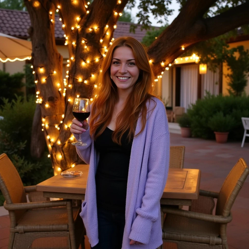 A full body shot photo of a woman standing outdoors at a cozy, warmly lit patio in the evening, with soft, glowing lights wrapped around a tree behind them creating a charming atmosphere. The image is rich in detail, with warm tones and clear textures throughout. The woman has fair skin, a slim build, and long reddish-blonde hair, also worn loose. She is smiling warmly at the camera, holding a glass of red wine in her right hand, and wears a soft-textured lavender cardigan over a black top. The background features a large tree with sparkling string lights wrapped around its trunk and branches, adding a magical touch to the scene. The setting suggests a private outdoor seating area, with elements like terracotta-tiled roofing, greenery, and rattan chairs contributing to a serene, inviting vibe. The overall composition is balanced, with the woman framed against the softly glowing tree, and the lighting enhances the warm, intimate feel of a quiet evening shared among friends. The details are vivid, with textures of clothing, skin, and background elements clearly visible, while the warm lighting creates a relaxed and joyful mood